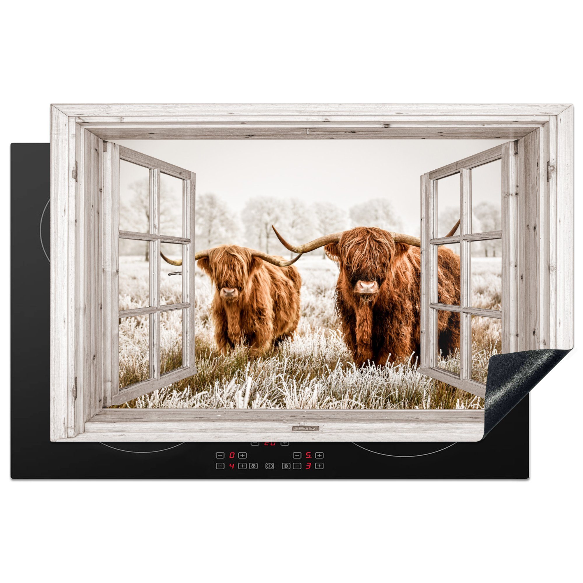 MuchoWow Herdblende-/Abdeckplatte Durchblick - Schottische Highlander - Tiere, Vinyl, (1 tlg), 81x52 cm, Induktionskochfeld Schutz für die küche, Ceranfeldabdeckung