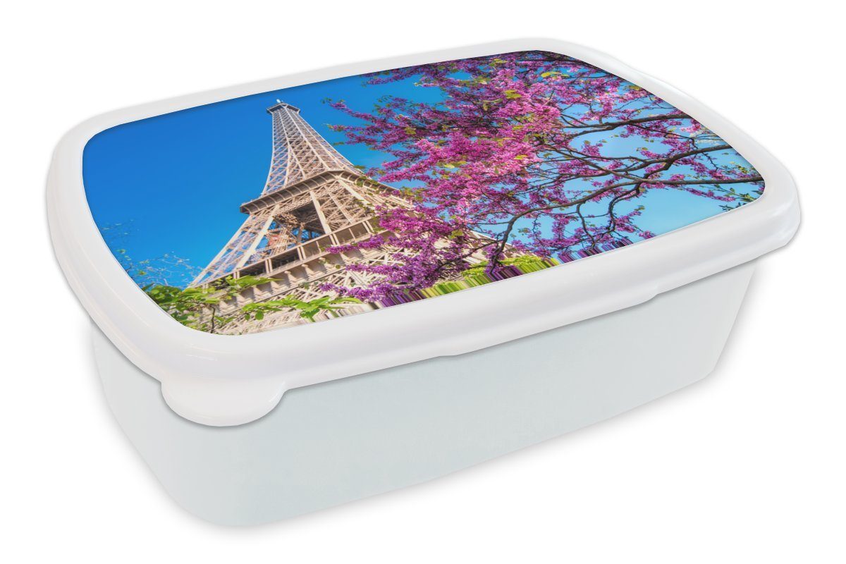 MuchoWow Lunchbox Der Eiffelturm mit einem einzigartigen rosafarbenen Baum, der dem Bild, Kunststoff, (2-tlg), Brotbox für Kinder und Erwachsene, Brotdose, für Jungs und Mädchen weiß