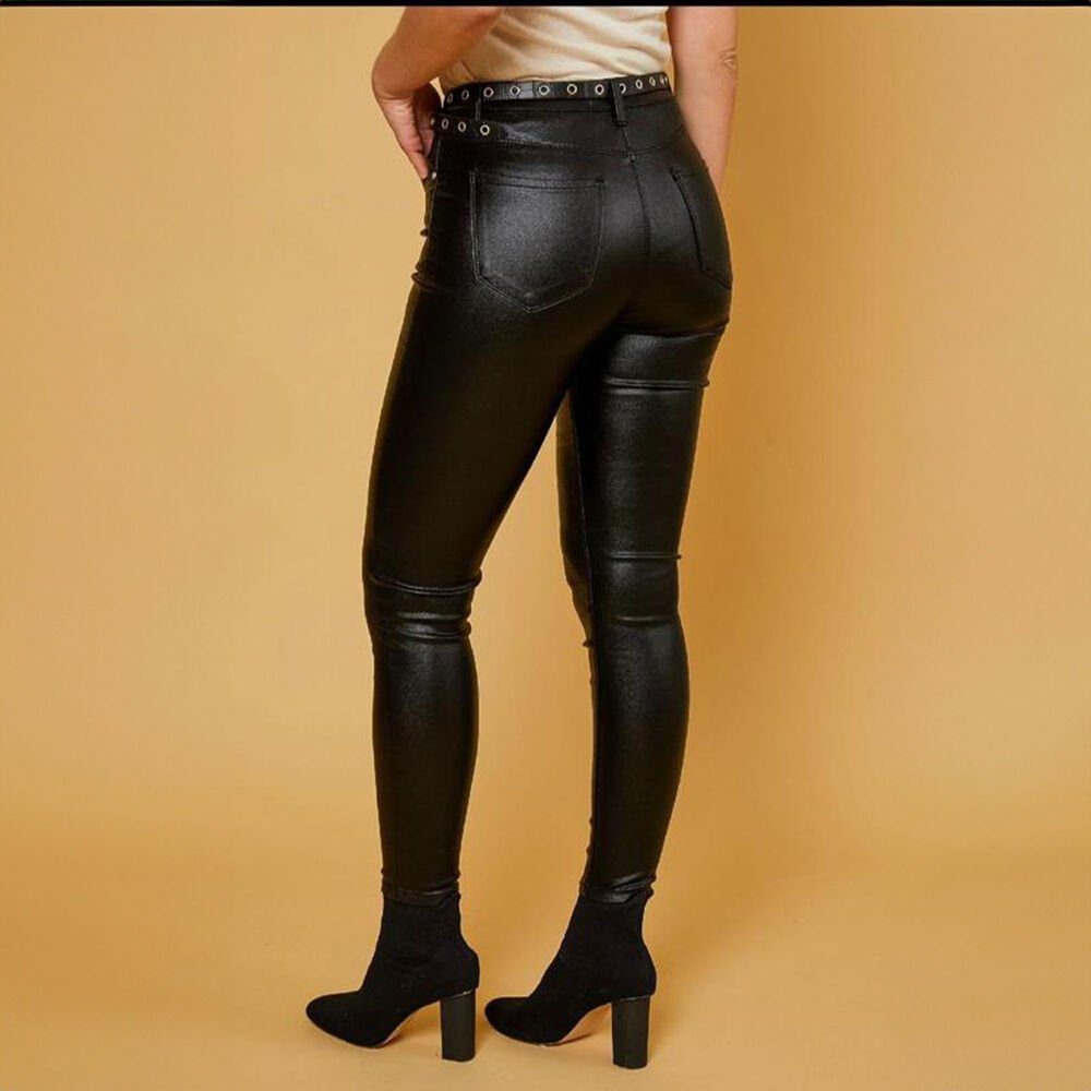 Ital-Design Lederimitathose Damen Freizeit Stretch Hose in Lederoptik in Schwarz