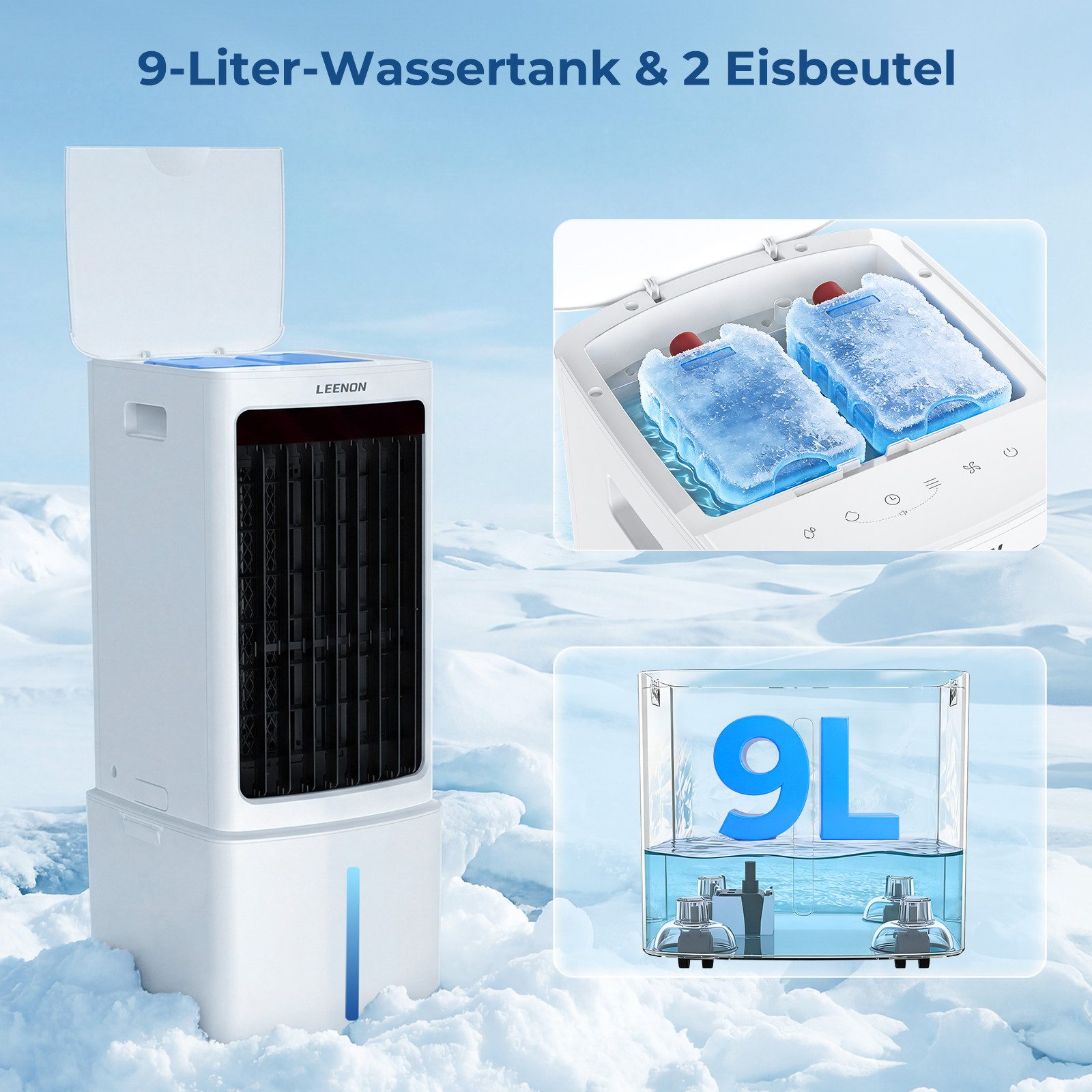 LEENON Ventilatorkombigerät Mobiler Luftkühler mit Wasserkühlung,9L,3in1 Klimagerät, tragbar Ventilator, Luftbefeuchter leise und energiesparend,Timer