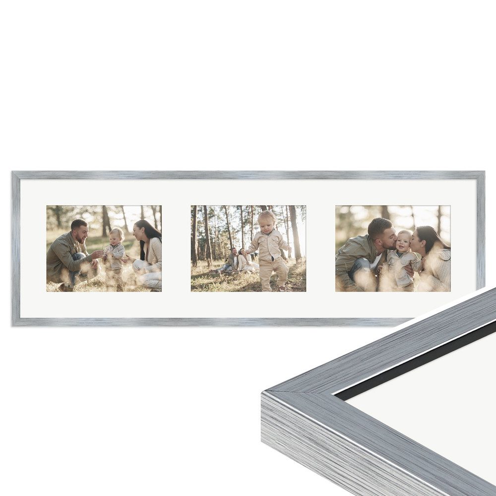 WANDStyle Galerierahmen G950 25x80 cm, für 3 Bilder, im Format 15x20 cm, aus Massivholz in der Farbe Silber