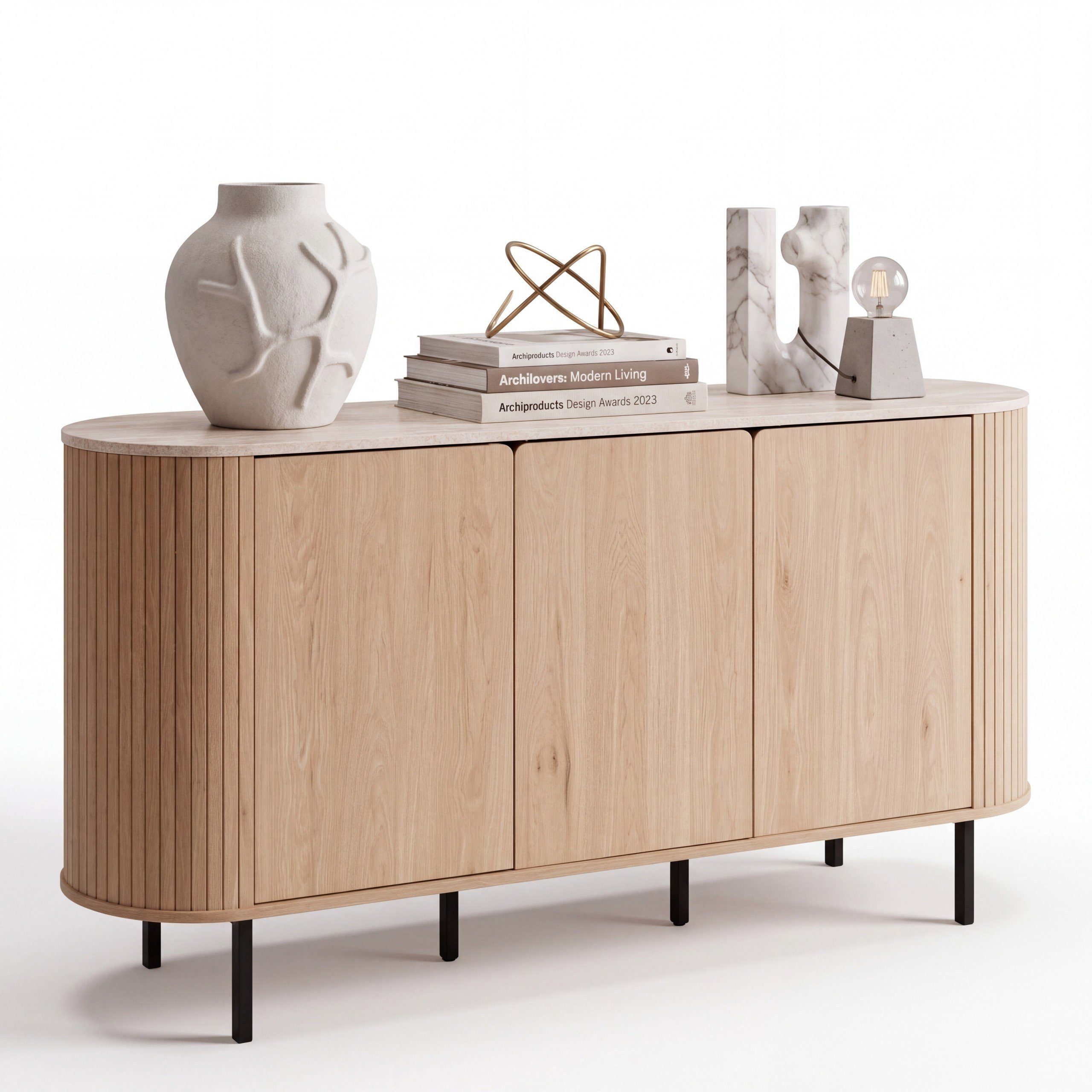 Newroom Sideboard Eiche Travertin-Optik 160 cm, Kommode Anrichte mit 3 Türen, Push-to-open und Metallfüßen