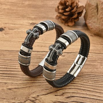 Mrichbez Bettelarmband Kunstleder armband herren Titan Stahl Gravur Braun (1-tlg), Geflochten mit Magnet Verschluss