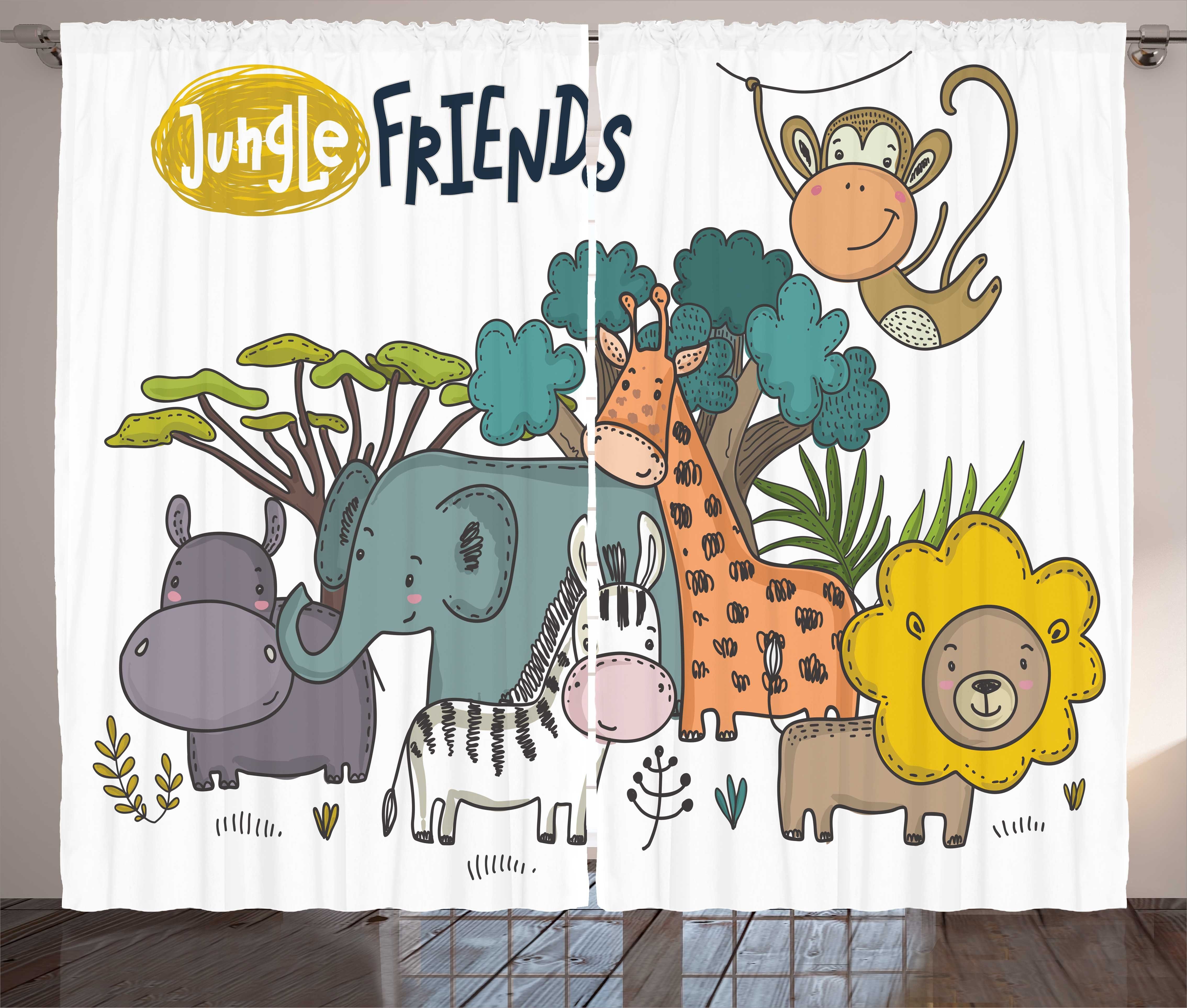 Gardine Schlafzimmer Kräuselband Abakuhaus, Cartoon-Dschungel-Freunde Fauna mit Schlaufen Vorhang Haken, und Tier