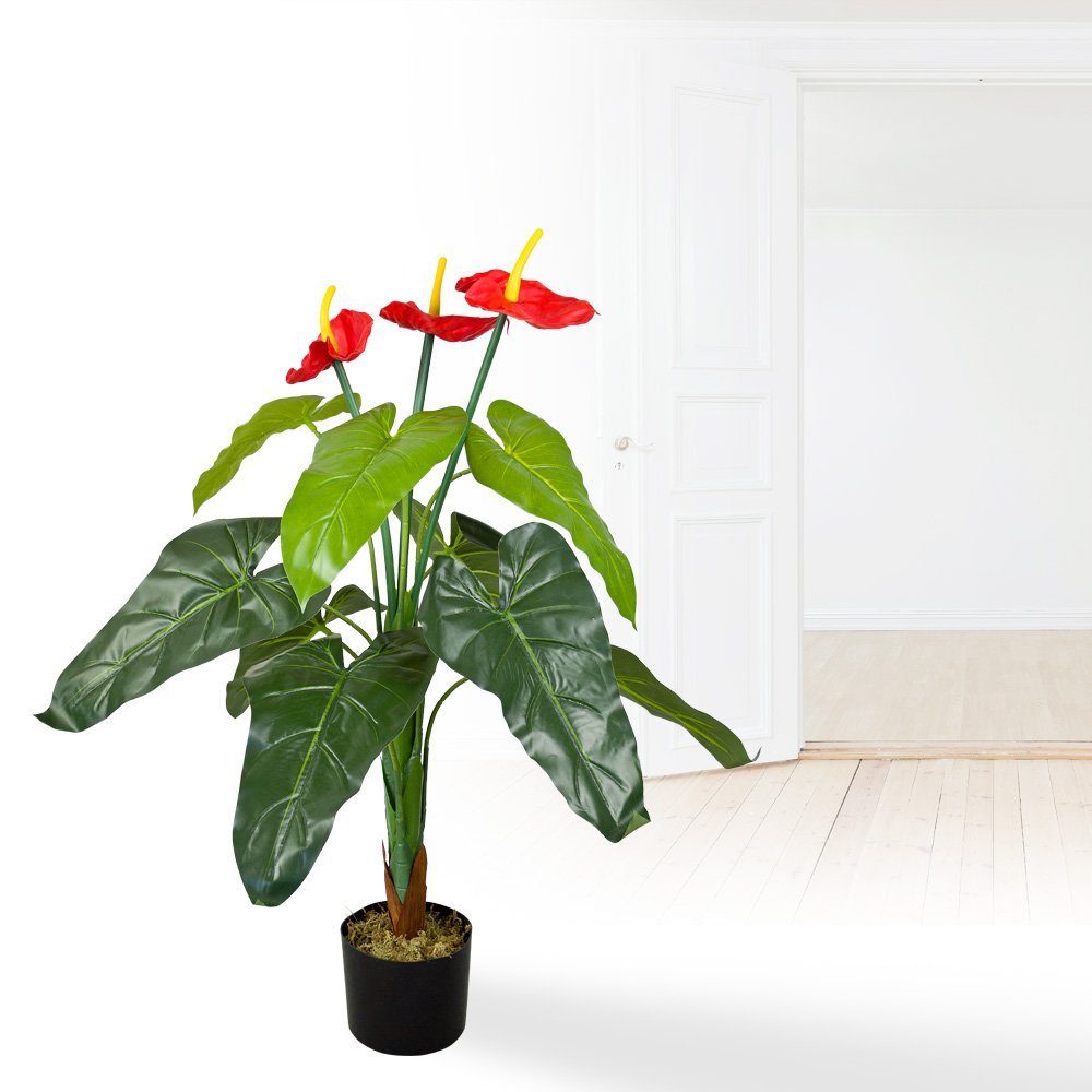 Kunstblume 90 Kunstpflanze mit Anthurie Pflanze cm Flamingoblume Decovego, 90cm, Blüten Künstliche Höhe