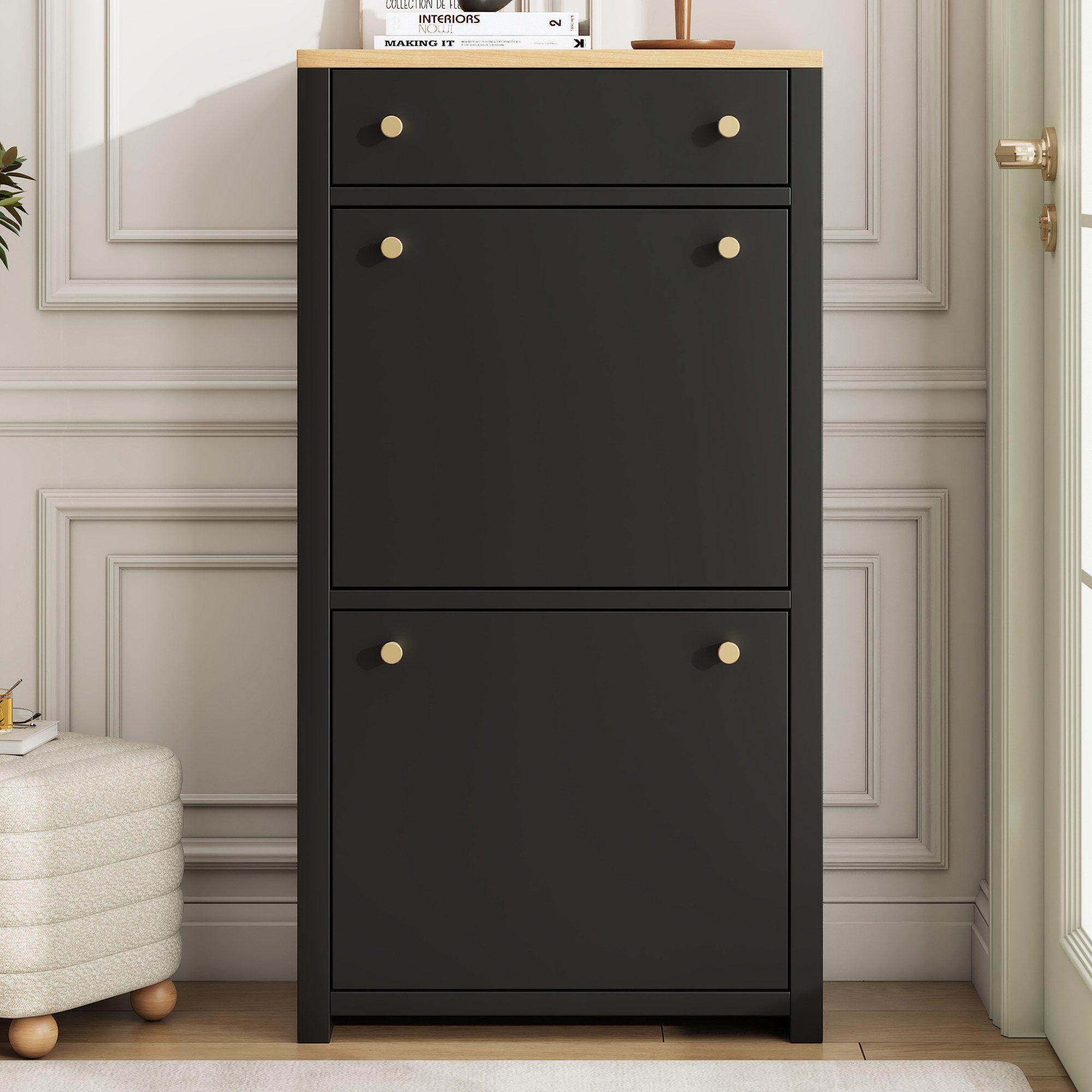 Flieks Schuhschrank mit Schublade, 2 Klappen, verstellbaren Einlegeböden und Metallgriffen (50×24×95 cm, 1-St) Schuhkipper Schuhkommode mit Arbeitsplatte in Holzoptik Schwarz