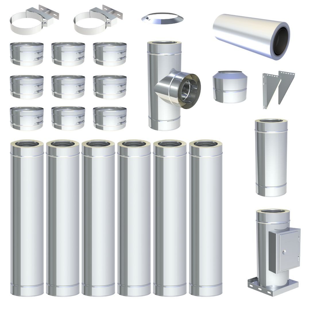 Jeremias Schornstein Ø130mm 7 m DW FU Doppelwandiges Schornstein Set Wandmontage Hochglanz, Ø 130 mm