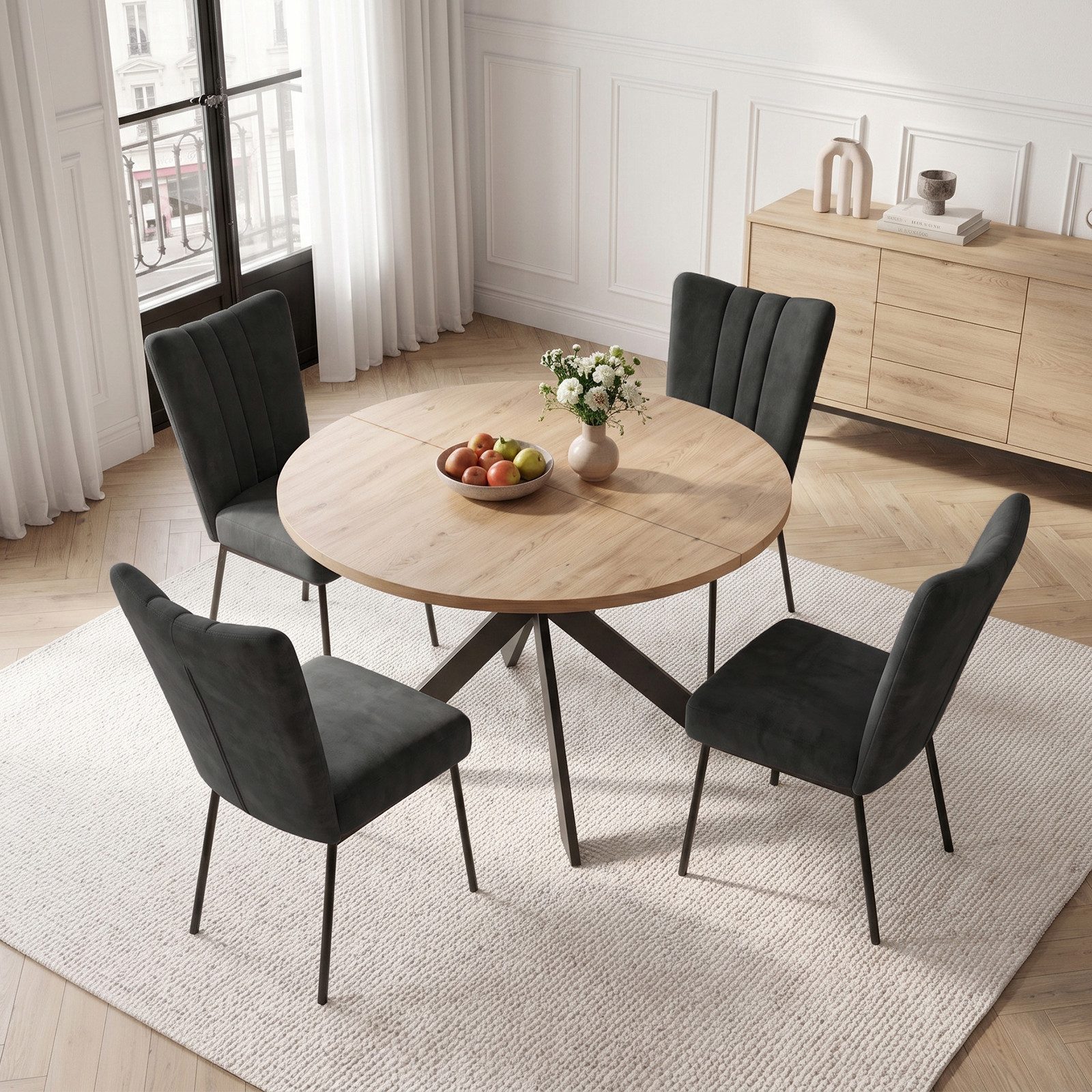 Jiexi Essgruppe Essgruppe Runder Tisch Ø 115cm Eiche Sternfuß & Samt Stühle – Bild 2 von 5
