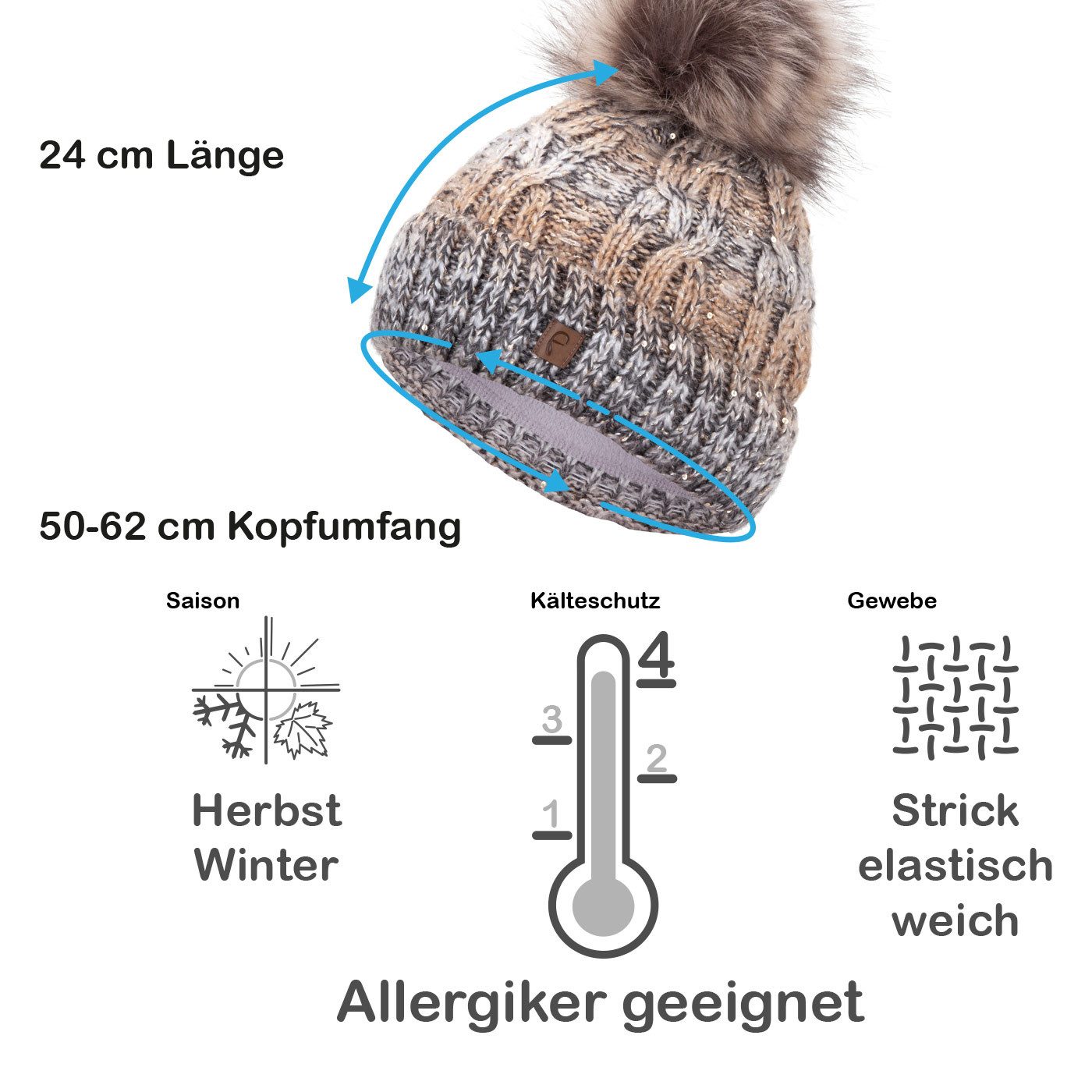 Faera Bommelmütze Wintermütze Damen Herren Mütze Beanie Haube gefüttert Bommelmütze