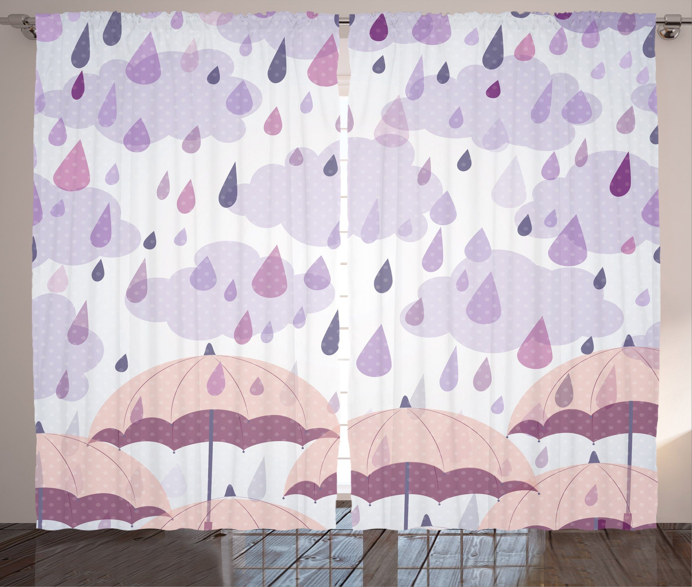 Vorhang Kräuselband Lila Schlaufen Abakuhaus, mit Regen Rosa Gardine und Haken, Regenschirme Schlafzimmer
