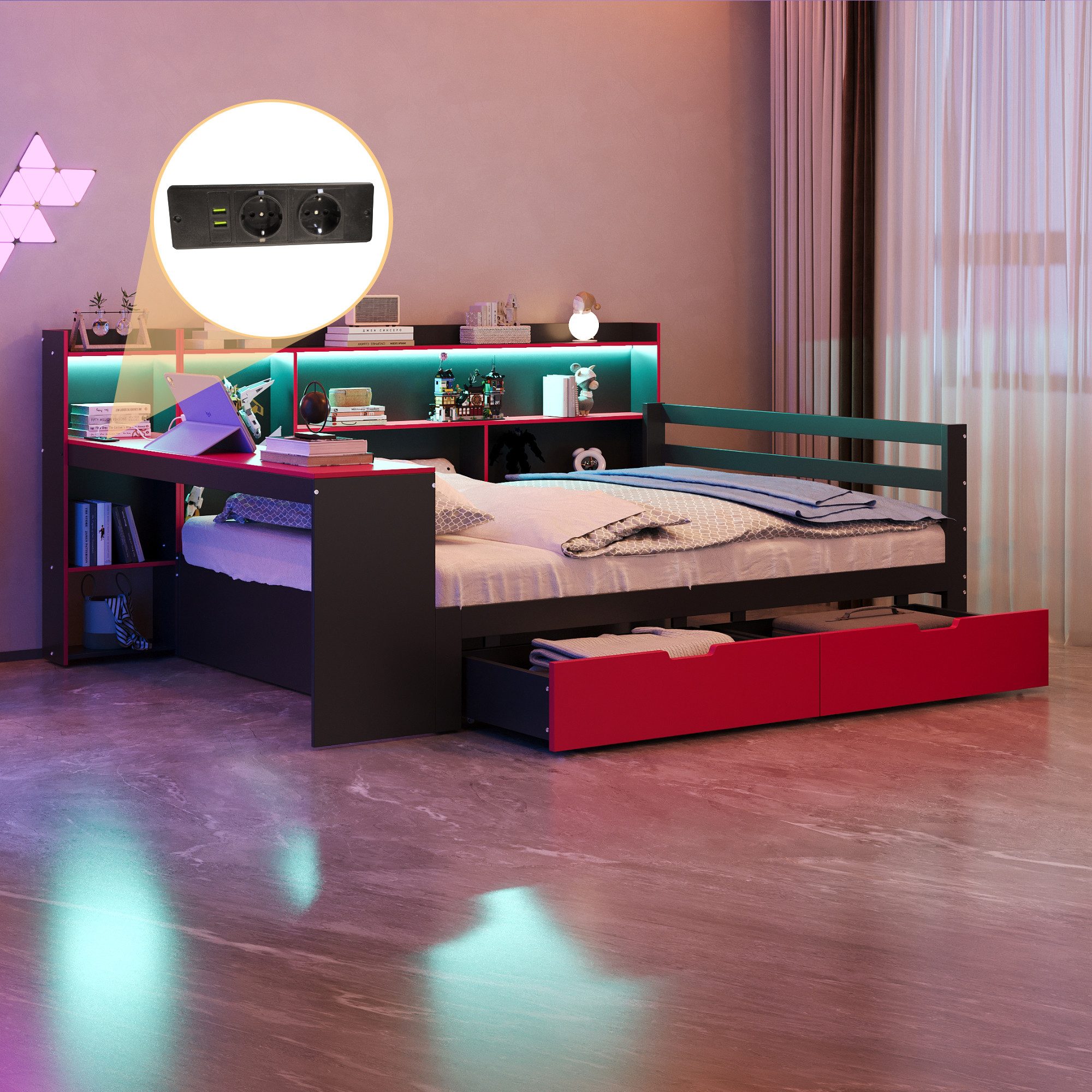Flieks Daybett, Holzbett 140x200cm mit Schreibtisch Staufach Schubladen LED & Aufladen