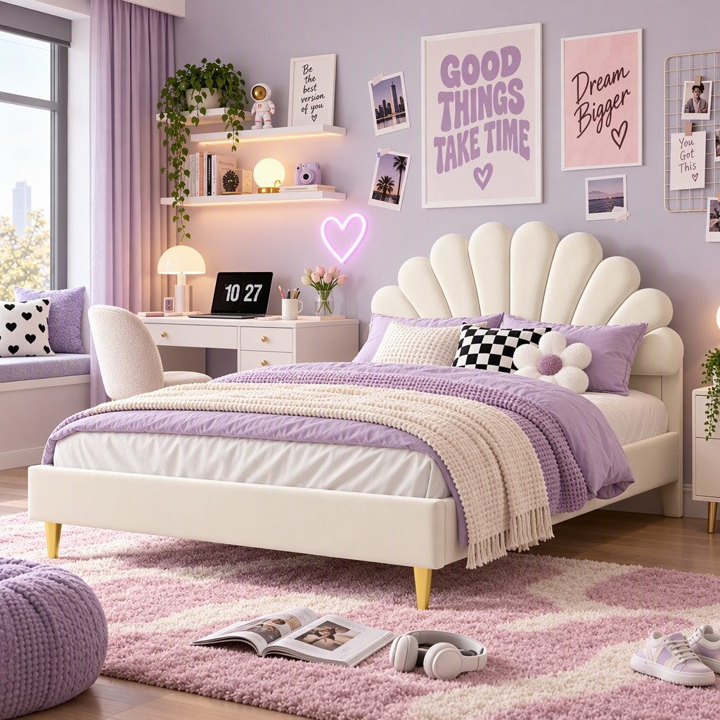 NMCXXO Polsterbett Polsterbett 140x200 mit Lattenrost Samt Beige, Doppelbett mit Muschel Kopfteil & Goldfüßen