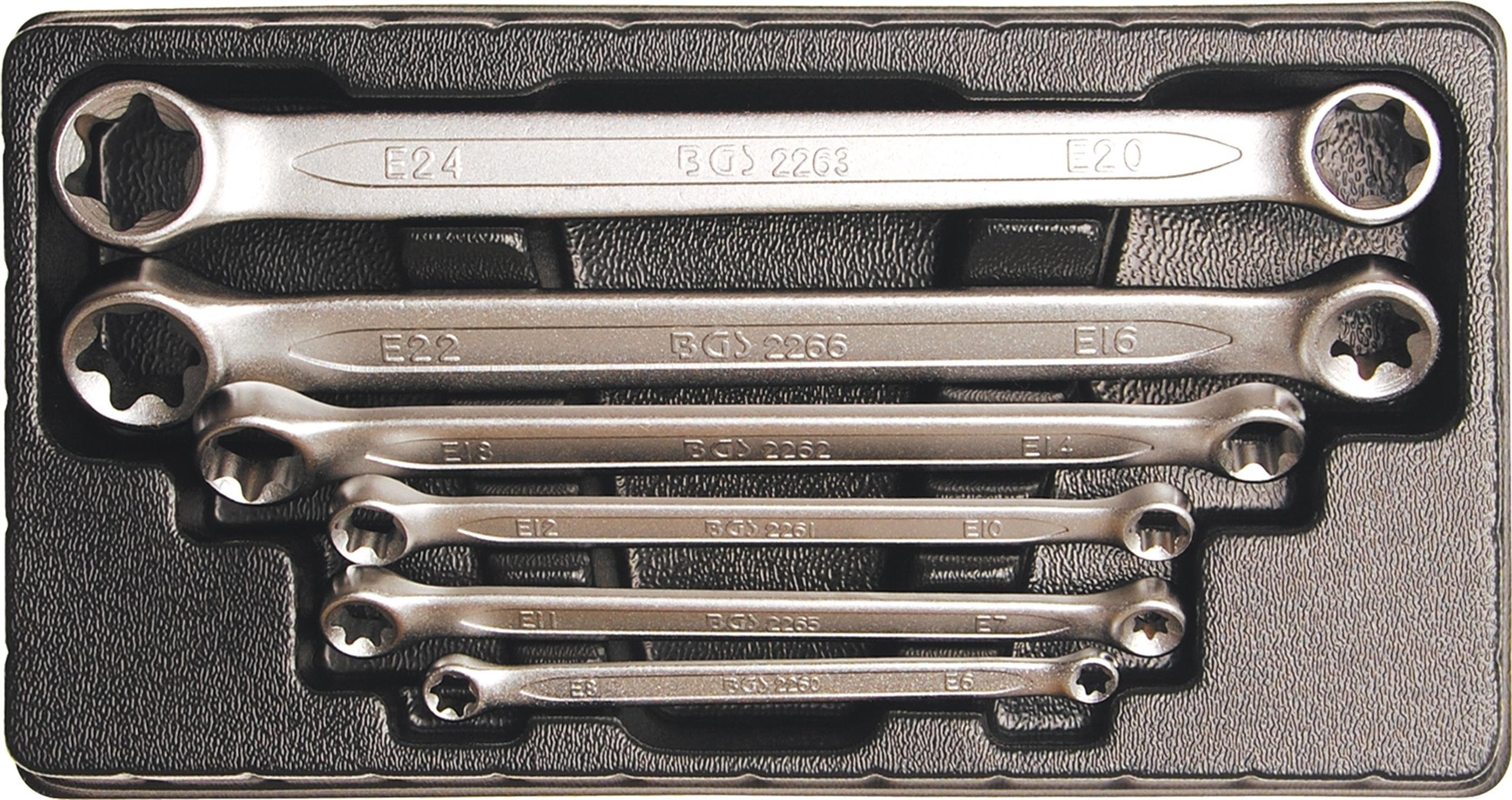 BGS technic Ratsche Doppel-Ringschlüssel-Satz mit E-Profil-Ringköpfen, SW E6 x E8 - E20 x E24, 6-tlg.