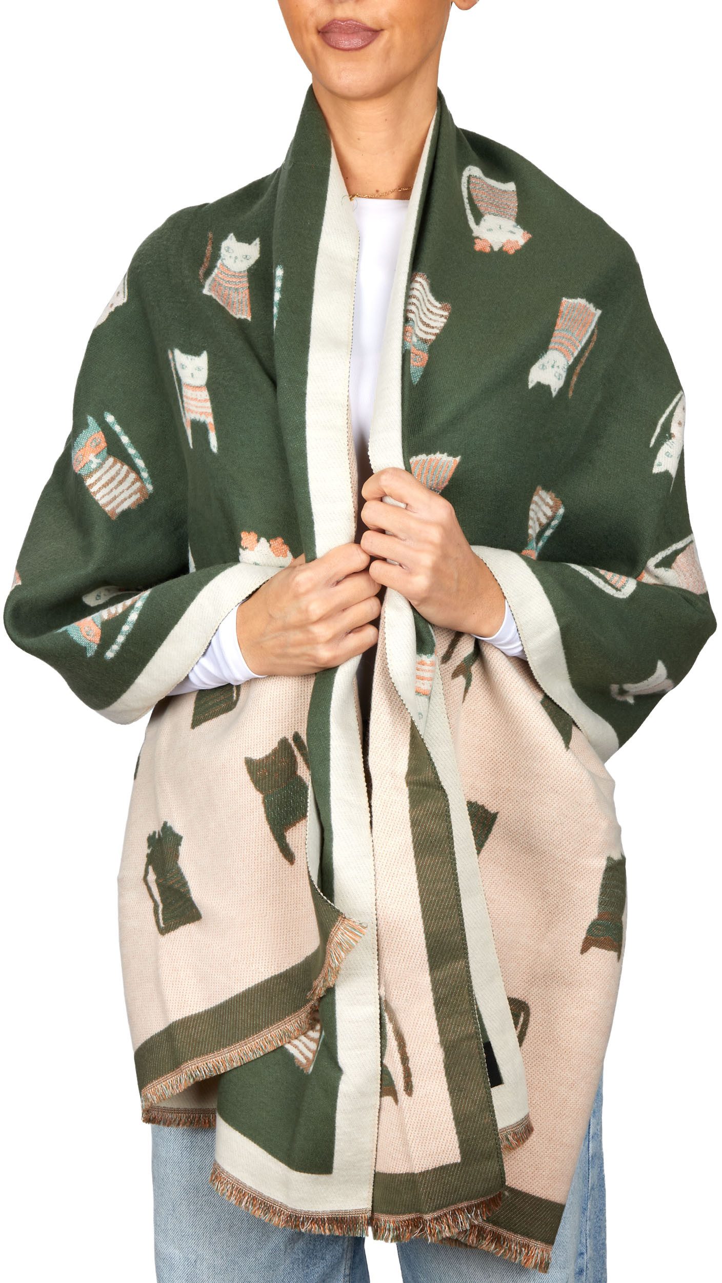 BRUBAKER Schal Cashmirillo Damen Schal mit Katzen Muster - 70 x 200 cm, (Herbstschal Winterschal, 1-St. Weiches Kaschmir-Gefühl), Warm, Kuschelig und Oversized - Damenschal für Herbst und Winter