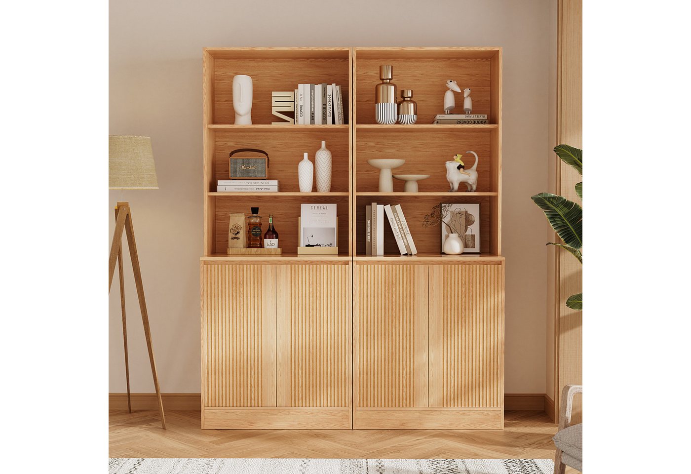 VOWNER Bücherregal 5-stöckig mit 2 Holztüren, 180 cm hoher Standregal mit offenen Fächern, 2-tlg., Mehrzweckschrank, Wohnzimmerschrank, Küchenregal, Sideboard