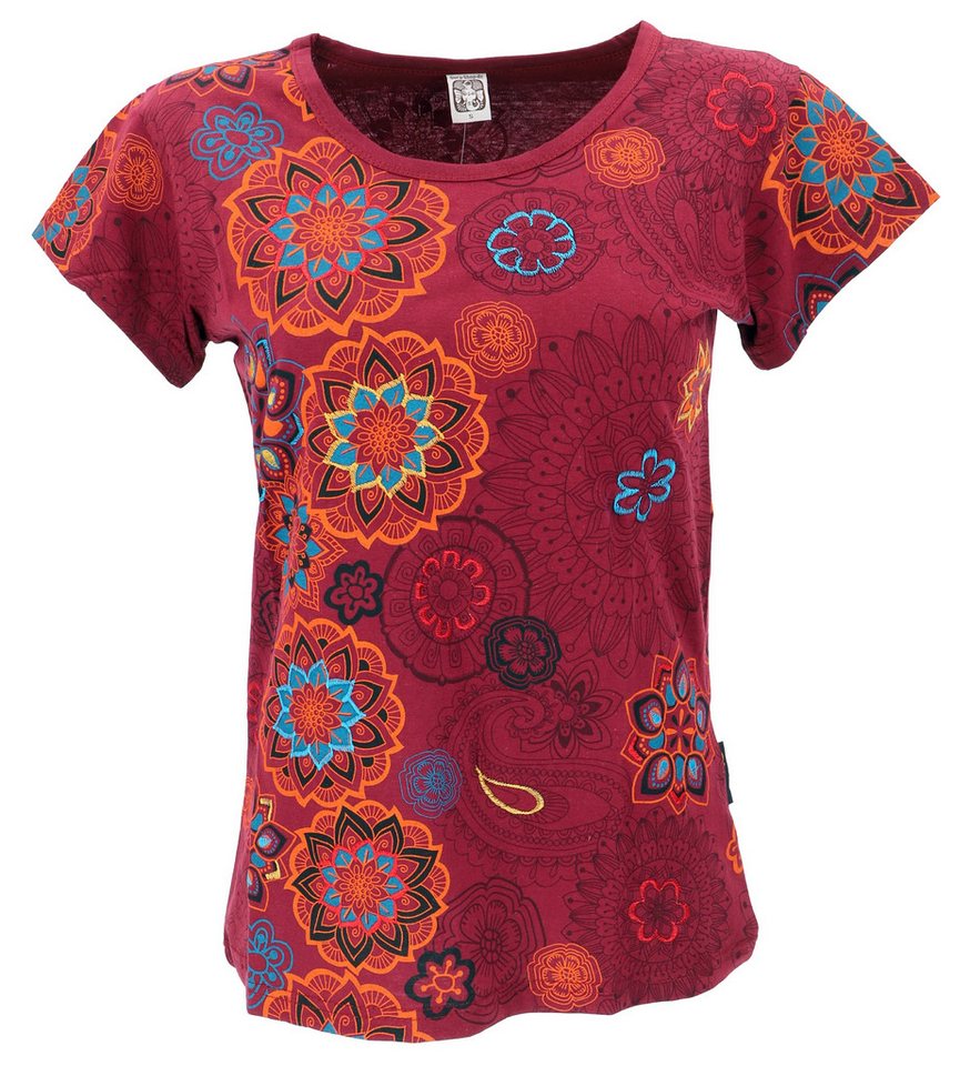 Guru-Shop T-Shirt Boho T-Shirt mit Stickerei und Druck, Baumwoll.. Ethno Style, alternative Bekleidung, Festival