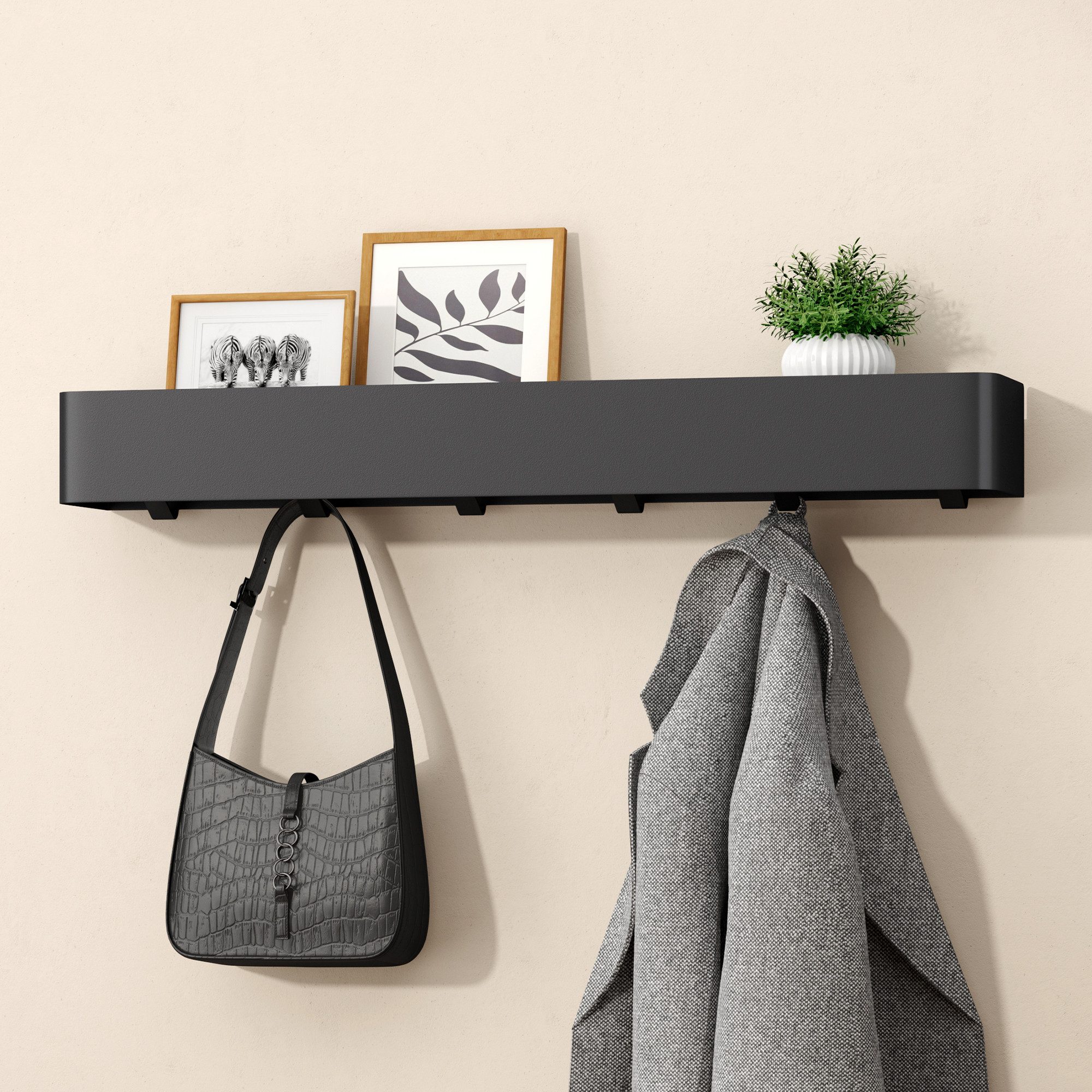doporro Garderobenleiste Wandgarderobe Hakenleiste mit Ablage aus Kohlenstoffstahl Reglo-05 (6 St), Kombination aus Ablagefläche und unteren Haken