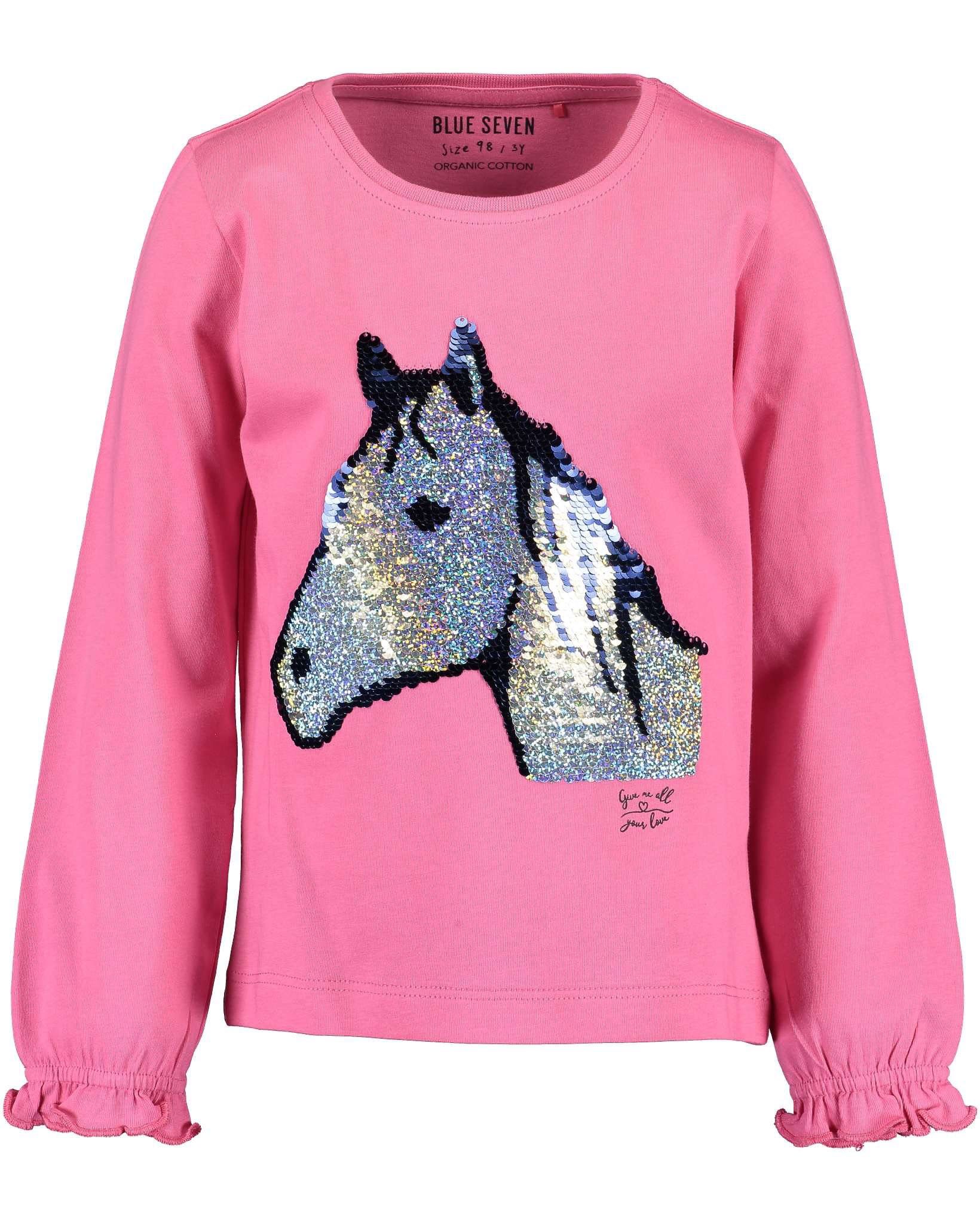 Frontprint mit Motiv Longsleeve aus reiner für Blue (1-tlg) Seven mit Longsleeve Pink Baumwolle, Pferde Mädchen