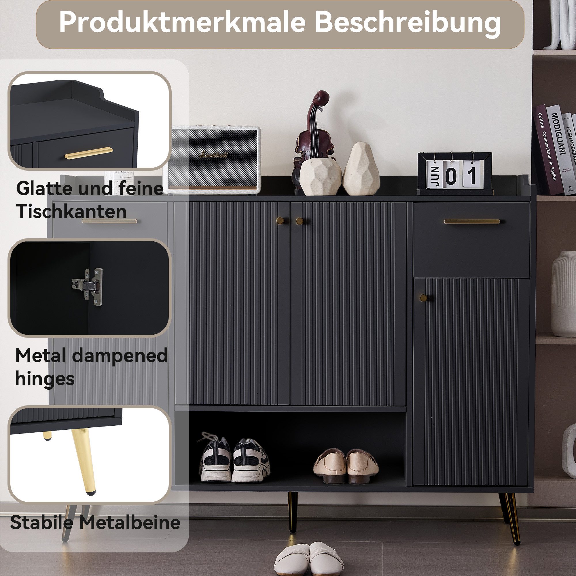 Flieks Schuhschrank Schuhkommode mit 2 Schubladen und 4 Türen (1-St., B130/W37/H100 cm) Schuhregal mit vertellbare Einlegeböden und 8 Fächern, Metallbeine – Bild 5 von 5