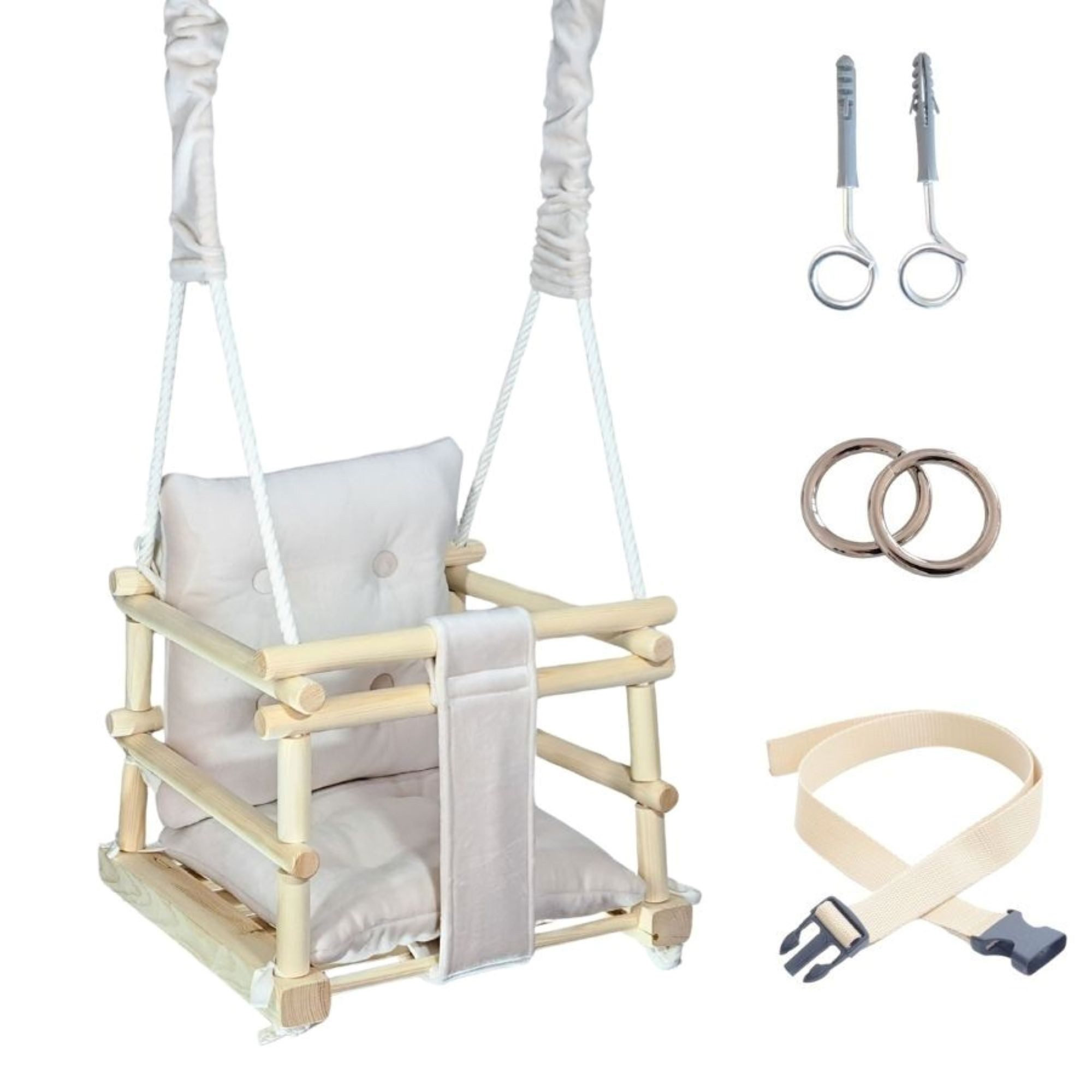 LuMali Babyschaukel Babyschaukel Magic 3in1 Holz Sicherheitsgurt drinnen draußen 34cm, Kinderschaukel Naturholz Kiefer weich verstellbar 10-36 Monate