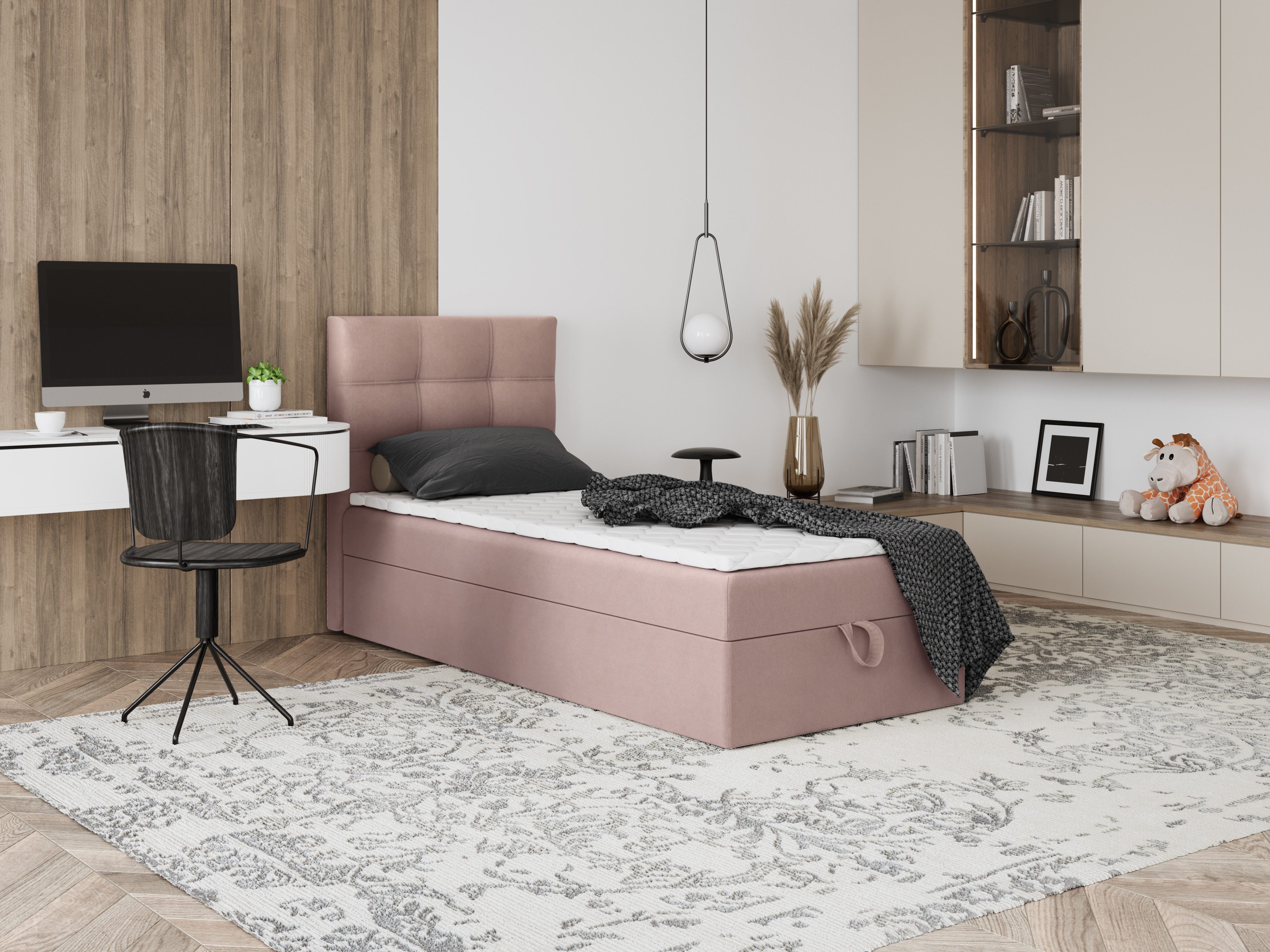 Godre Boxspringbett mit Bettkasten EWORA MINI 90x170 cm - Bonellfederkern Matratze (Bett + Matratze + Topper), Bett mit einem Kasten
