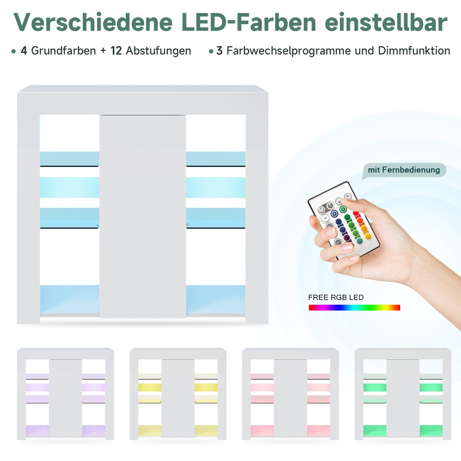 SONNI Sideboard Sideboard Küchenschrank mit LED Beleuchtung 90x35x83cm, Hochglanz, mit Schranktür und 4 glas Einlegeböden, Wohnzimmerschrank