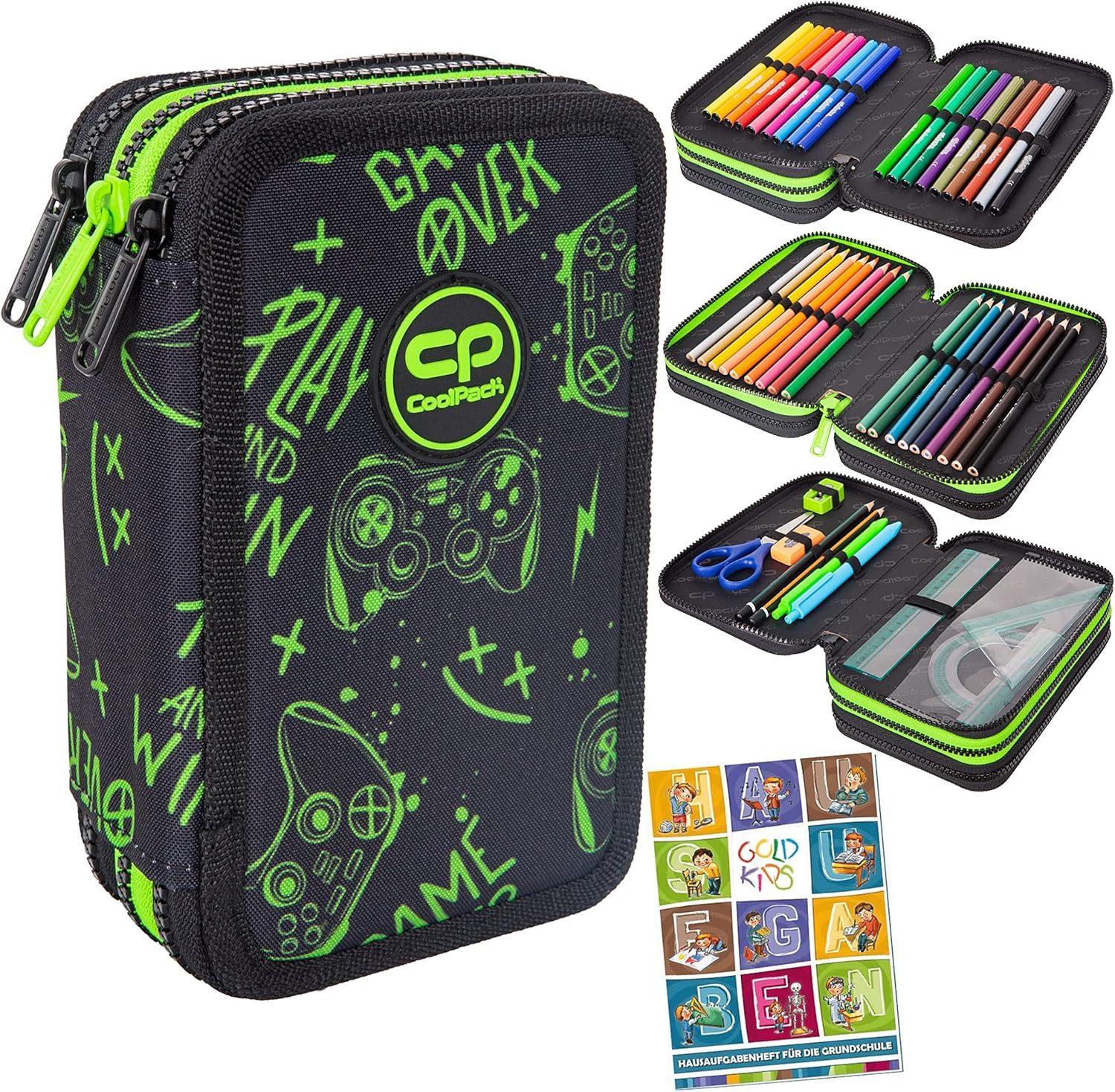 GOLDKIDS Federmäppchen Goldkids Federtasche 3-fache Federmappe Game Night, (46-teilig Schüleretui Stifte und Pinsel inkl., 1-tlg., Aufgabenheft Federbox Etui), Stiftetasche Schlamper-Etui Schul-Etui