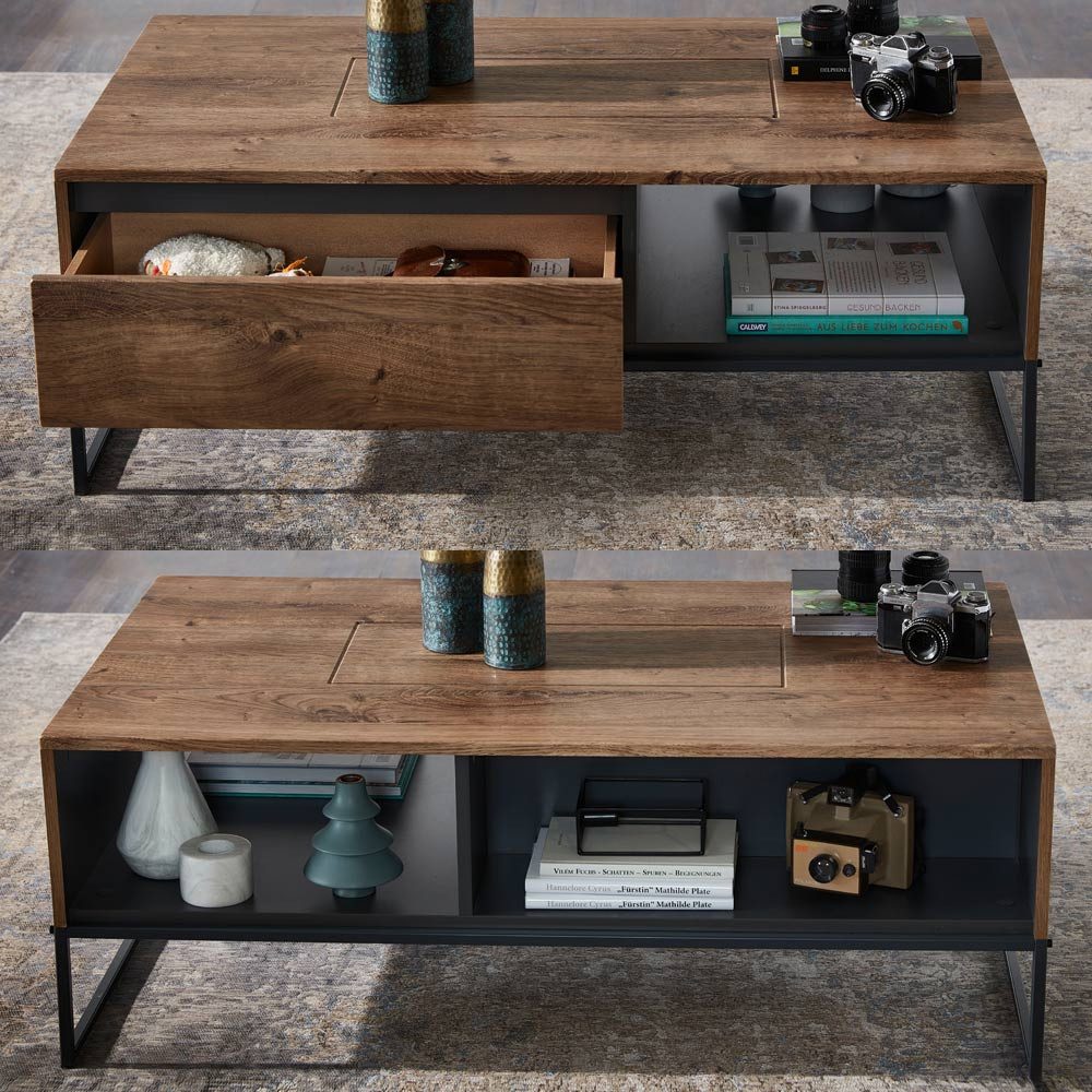 Lomadox Couchtisch MINNEAPOLIS-55, Haveleiche Cognac mit graphit im Industrial-Design 115/42/65cm