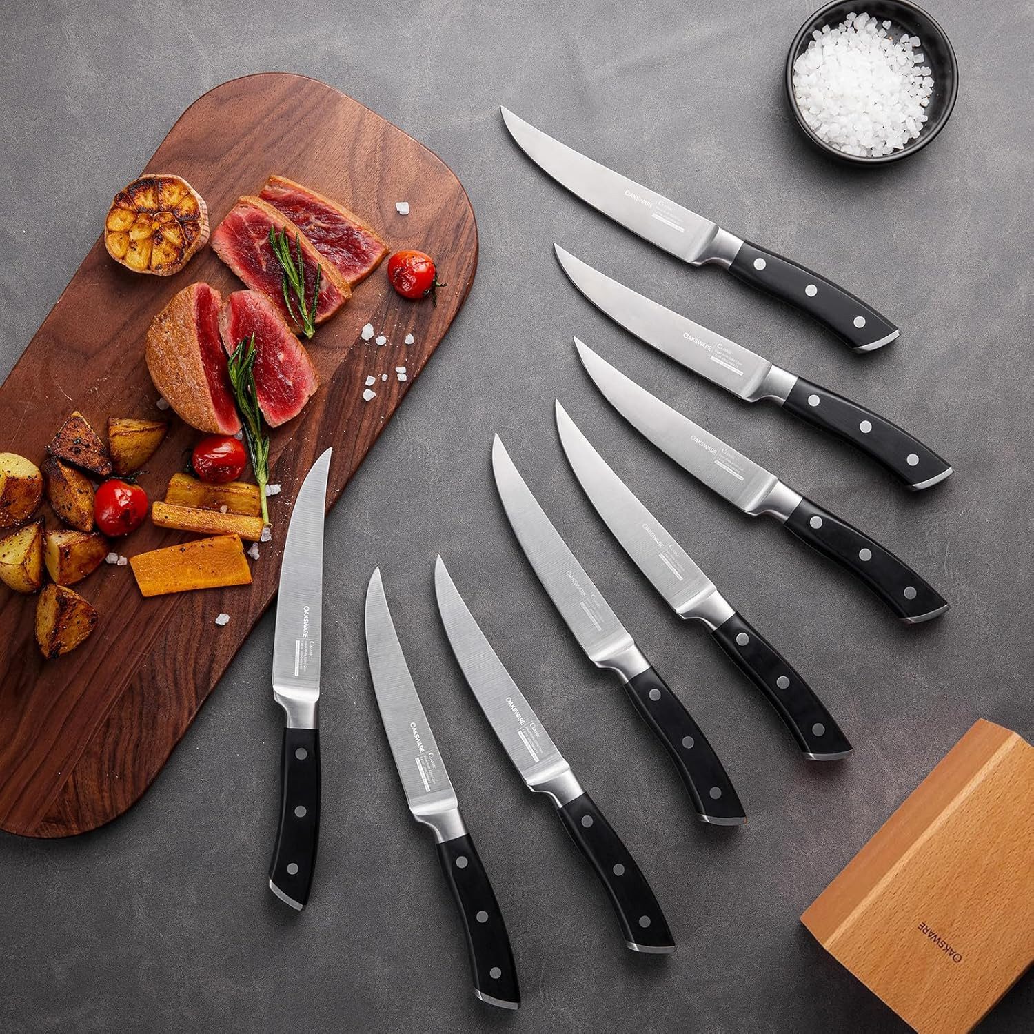 OAKSWARE Steakmesser Steakmesser Set 8-teilig mit Block, scharfe Pizzamesser und Griff (8 Stück), für Steak, Fleisch, Obst & Gemüse
