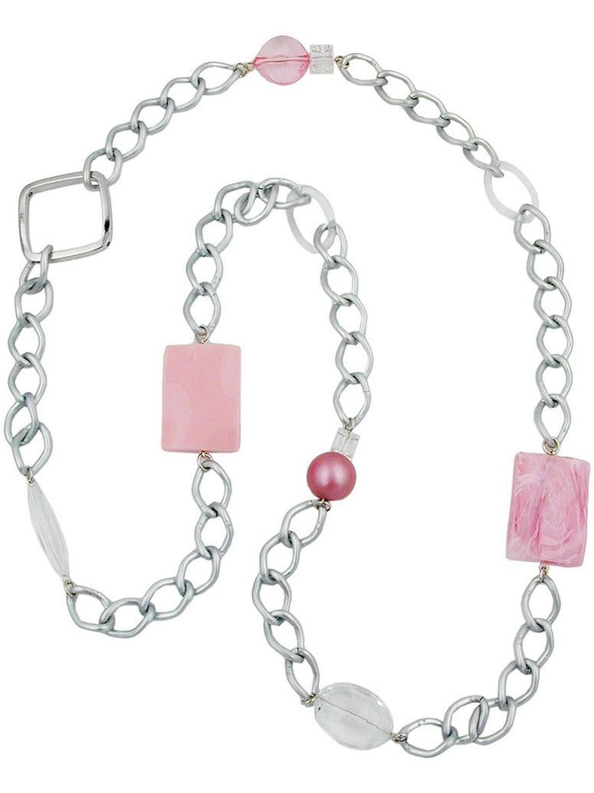 Gallay Perlenkette Kunststoffperlen rosa transparent Weitpanzerkette Aluminium hellgrau 95cm