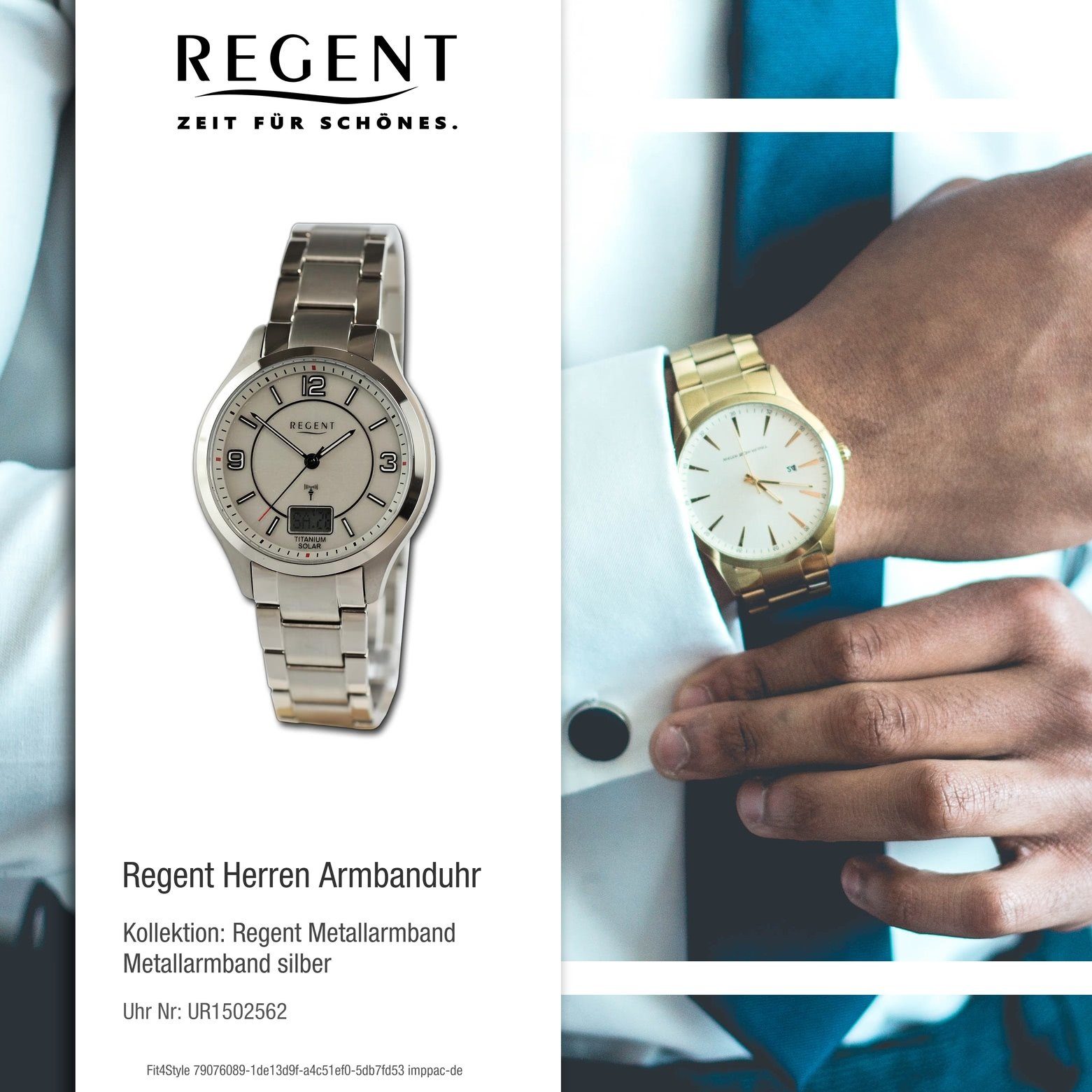 Herren Herren Armbanduhr Analog-Digital, 42mm), Metallarmband (ca. Armbanduhr rund, groß extra Regent Quarzuhr Regent