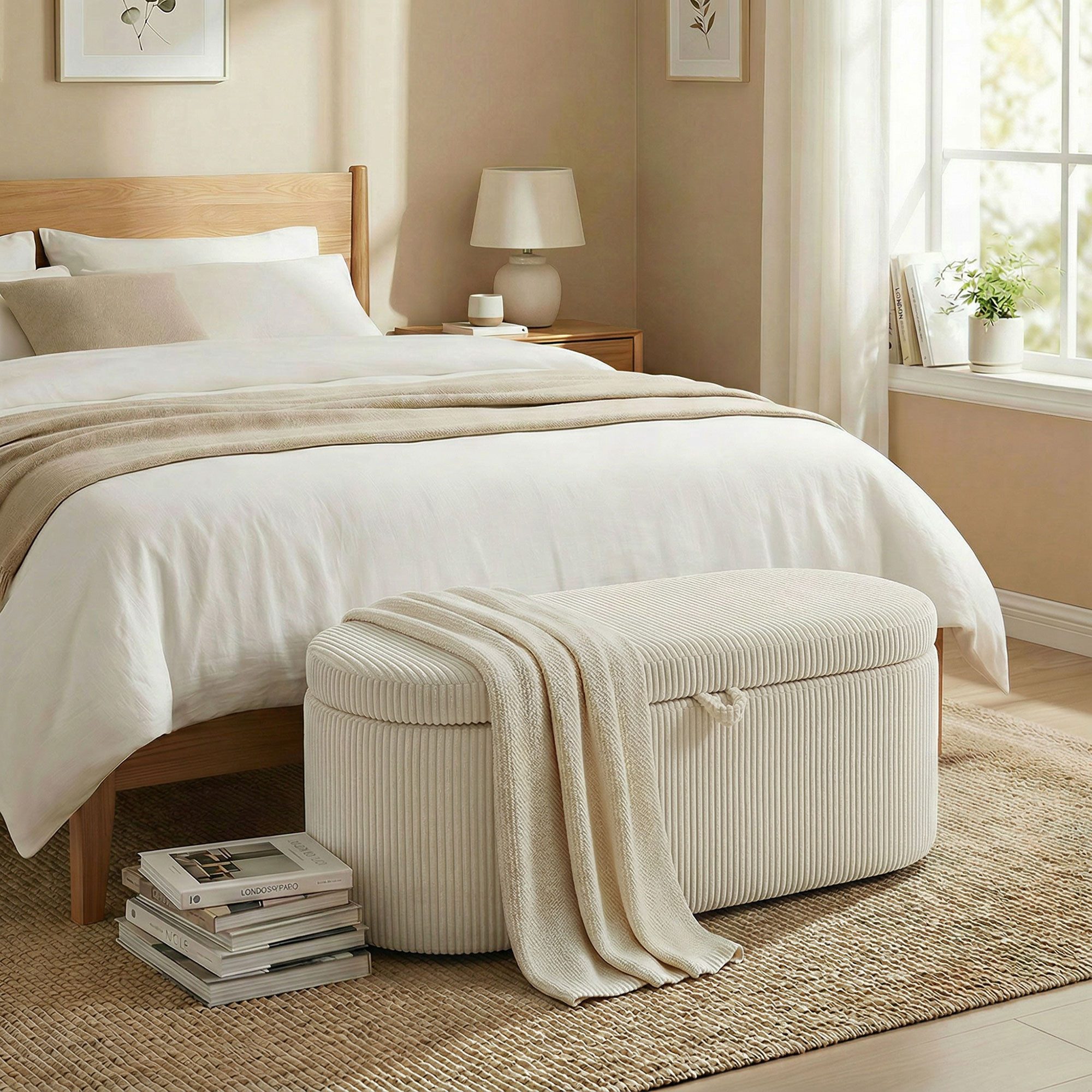 HOMCOM Sitzbank Polsterbank mit Holzrahmen, Doppelscharniere, Beige (Sitztruhe, 1-St., Bank bis 200 kg), Cord-Bezug, Stauraum, gepolstert