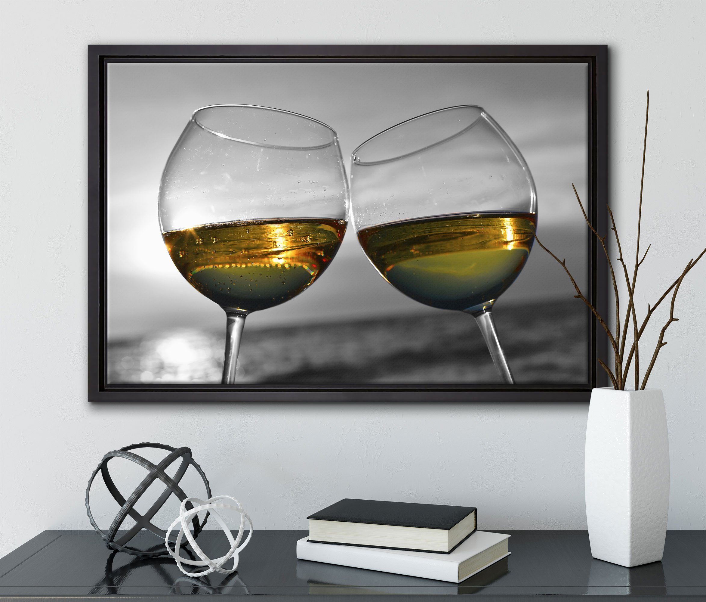 Pixxprint Leinwandbild Wein Schattenfugen-Bilderrahmen bespannt, fertig gefasst, Gläsern Leinwandbild in inkl. Zackenaufhänger St), Meer, in Wanddekoration einem (1 am