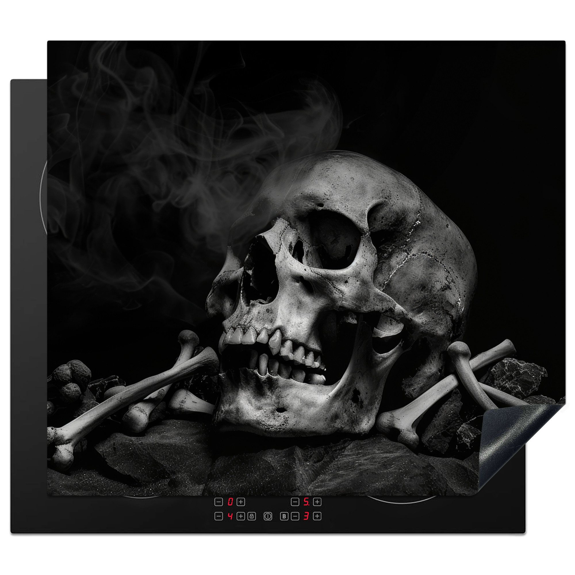 MuchoWow Herd-Abdeckplatte Totenkopf - Rauch - Schwarz - Weiß, Vinyl, (1 tlg), Abdeckplatte für Ceranfeld, Herd Inductionsmatte, 57.6x51.6 cm