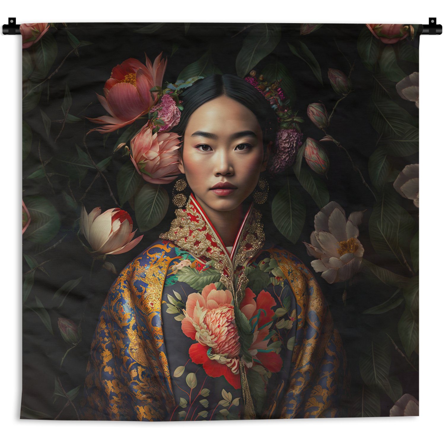 Porträt, MuchoWow Frau Schlafzimmer, Wanddekoobjekt Asiatisch Kinderzimmer Kimono Wanddeko Wandbehang, Blumen - - - Kleid, für - Wohnzimmer,
