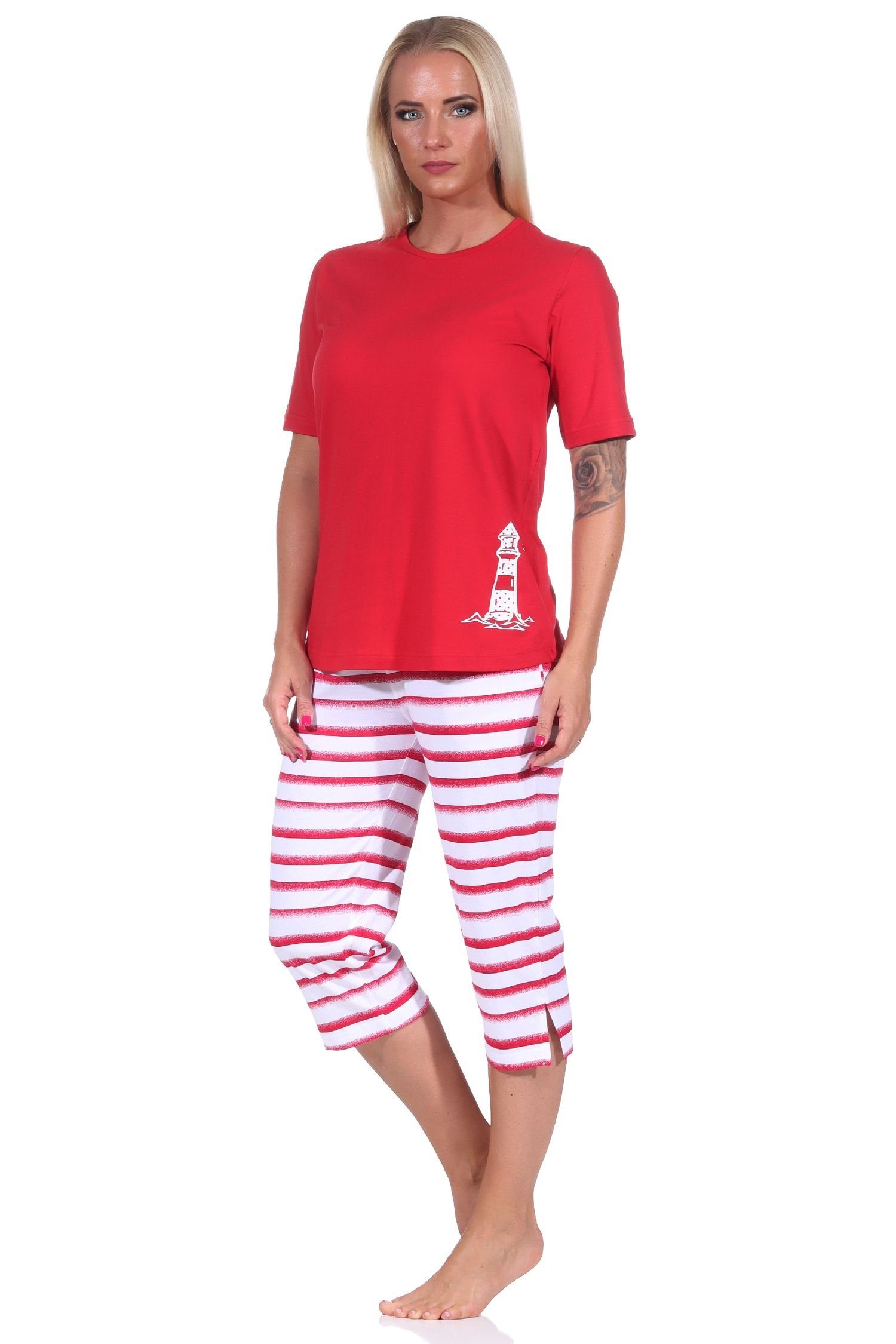 Normann Pyjama Damen Leuchtturm rot Motiv Capri Schlafanzug, kurzarm Top Maritimer mit