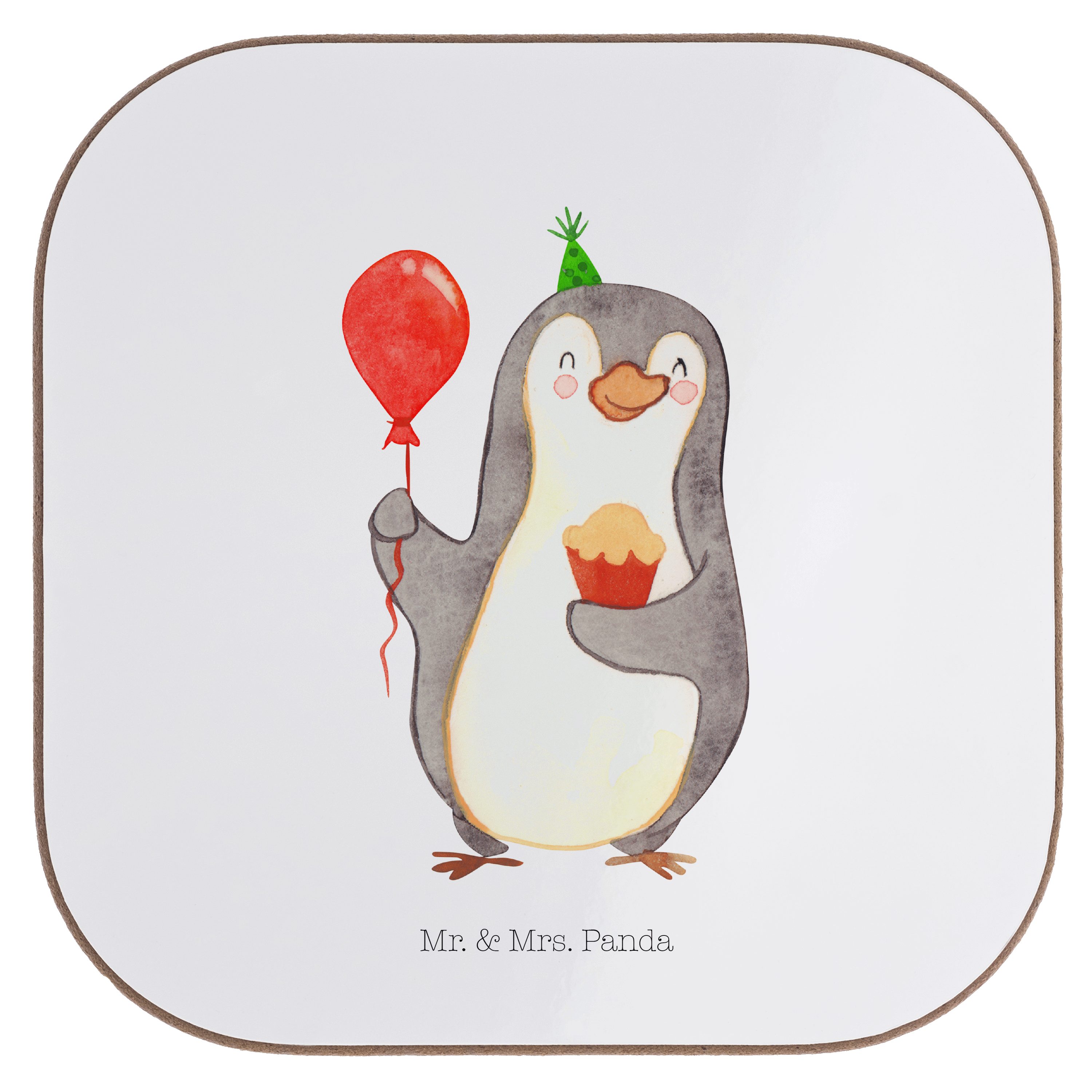 Mr. & Mrs. Panda Getränkeuntersetzer Pinguin Geburtstag - Weiß - Geschenk, Kuchen, Geschenke, Glasunterset, 1-tlg.