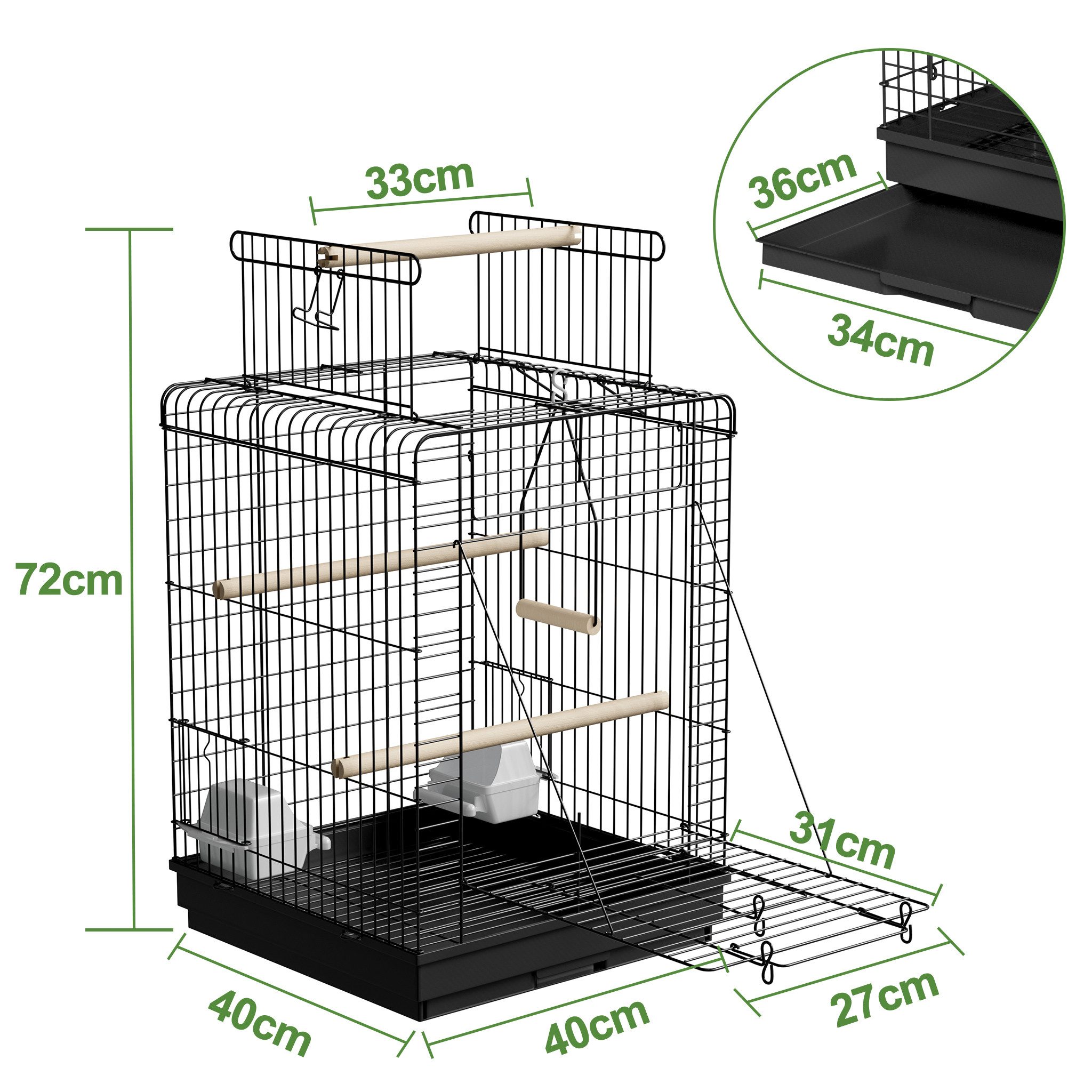 FIVMEN Vogelkäfig Papageienkäfig Vogelvoliere Vogelkäfig Vogelhaus Käfig, Voliere kanarienvögelkäfig Schwarz 40x40x72cm (mit Offenem Dach)