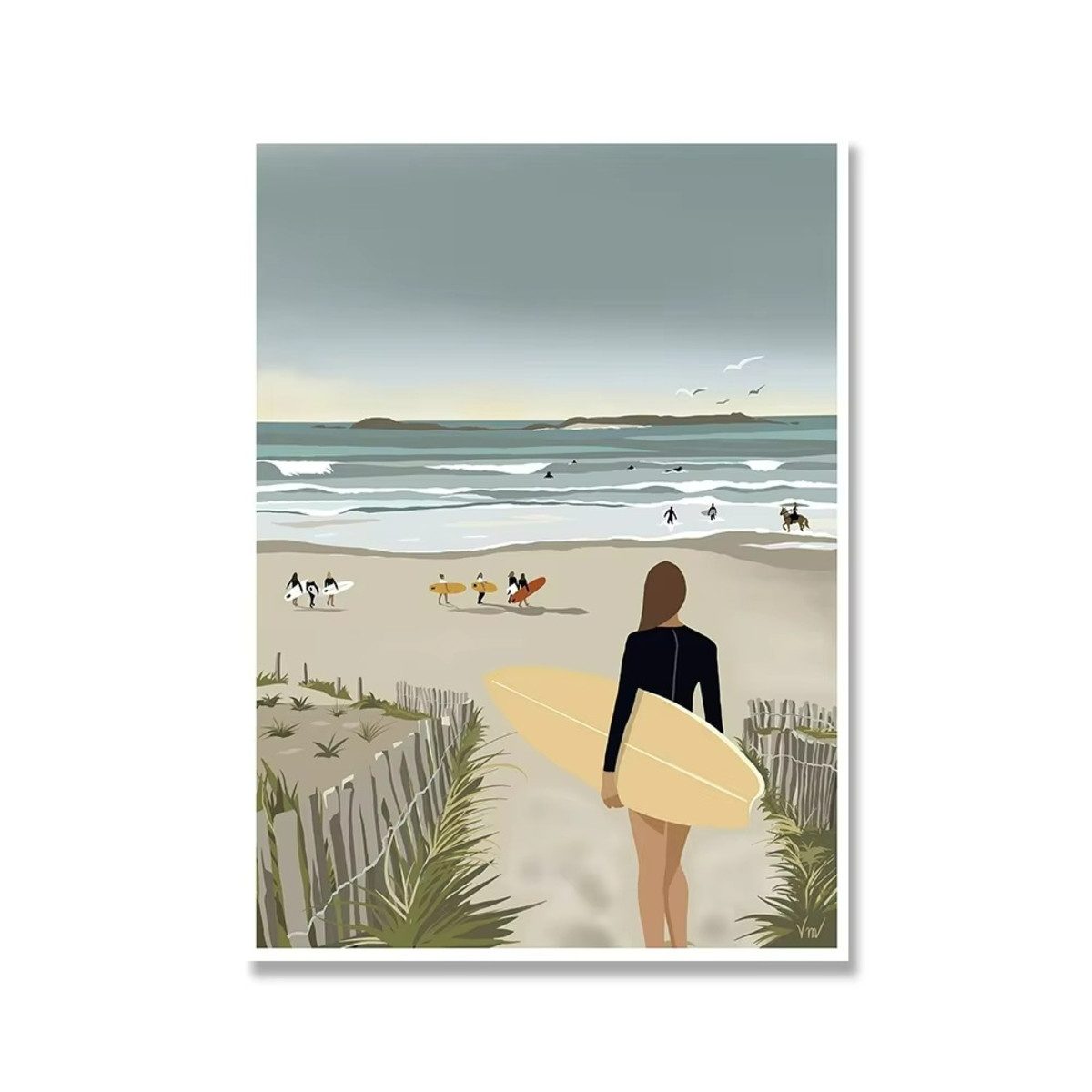 TPFLiving Kunstdruck (OHNE RAHMEN) Poster - Leinwand - Wandbild, Nordisches Segelboot, Strandmädchen, Surfboot-Leinwandgemälde (Leinwandbild XXL), Farben: Blau, Braun, Schwarz, Weiß, Gelb -Größe: 20x30cm