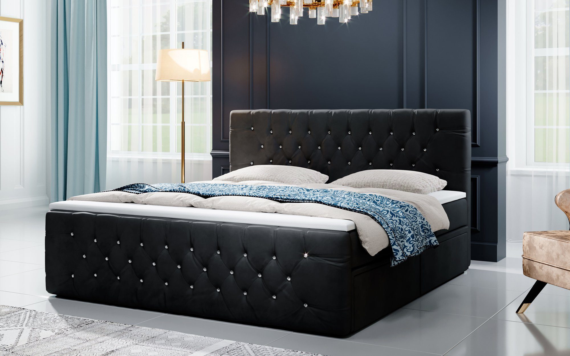 Baidani Boxspringbett Julietta, inkl. Strasssteinen Stauraum und Schwarz