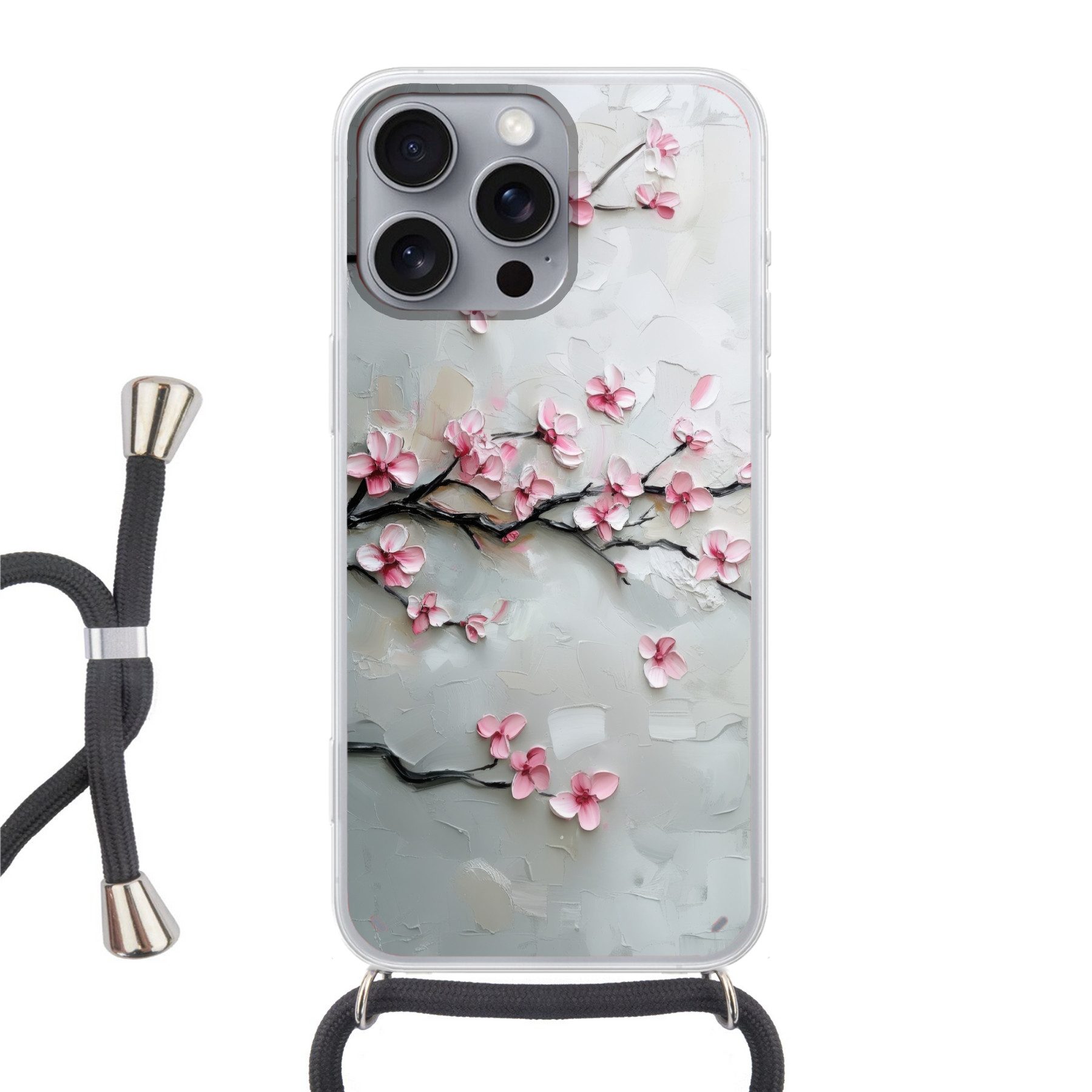 MuchoWow Handyhülle für Apple iPhone 16 Pro Max Blüte - Künstlerisch - Rosa - Sakura, Tragbare Handyhüllen mit Kette zum umhängen, Handykette Handyband