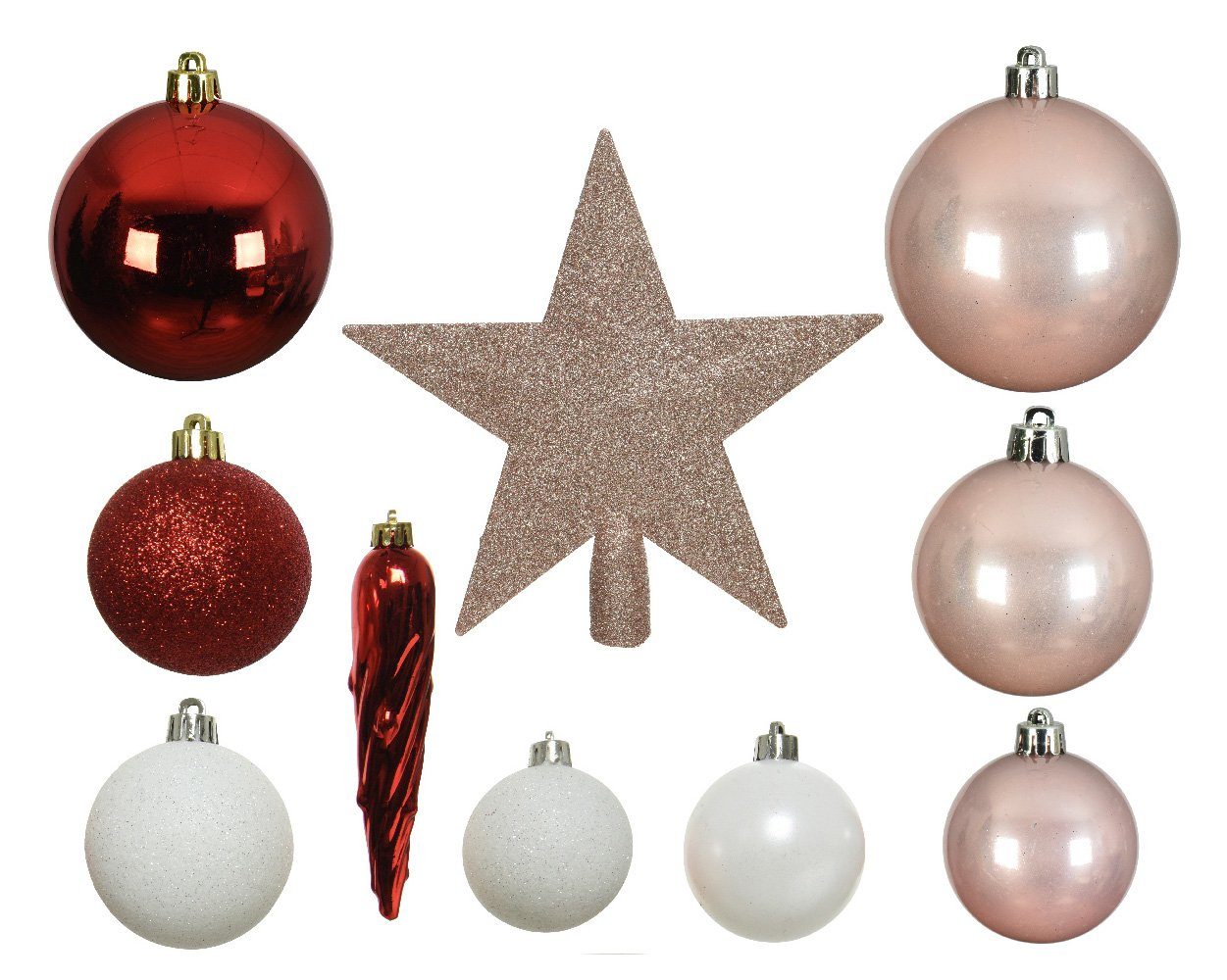 Decoris season decorations Christbaumschmuck, Weihnachtskugeln mit rosa Kunststoff rot, Set / Christbaumstern 33er