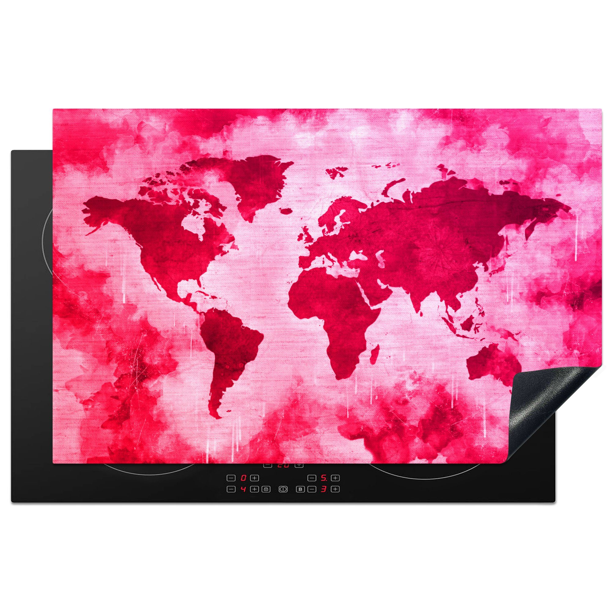 MuchoWow Herdblende-/Abdeckplatte Weltkarte - Rot - Rosa, Vinyl, (1 tlg), 81x52 cm, Induktionskochfeld Schutz für die küche, Ceranfeldabdeckung