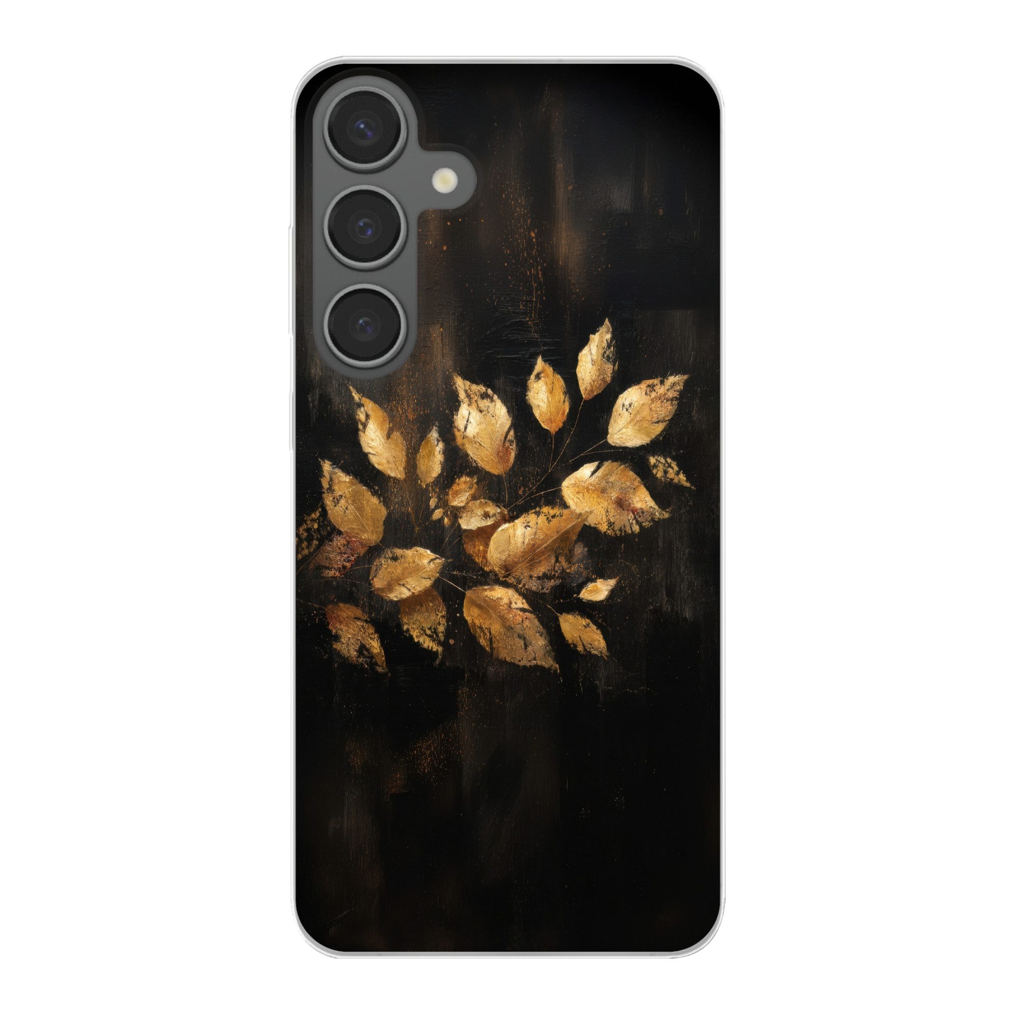 MuchoWow Handyhülle für Samsung Galaxy S24 Plus Goldene Blätter auf dunklem Hintergrund, Phone Case, Silikon, Schutzhülle Dünn