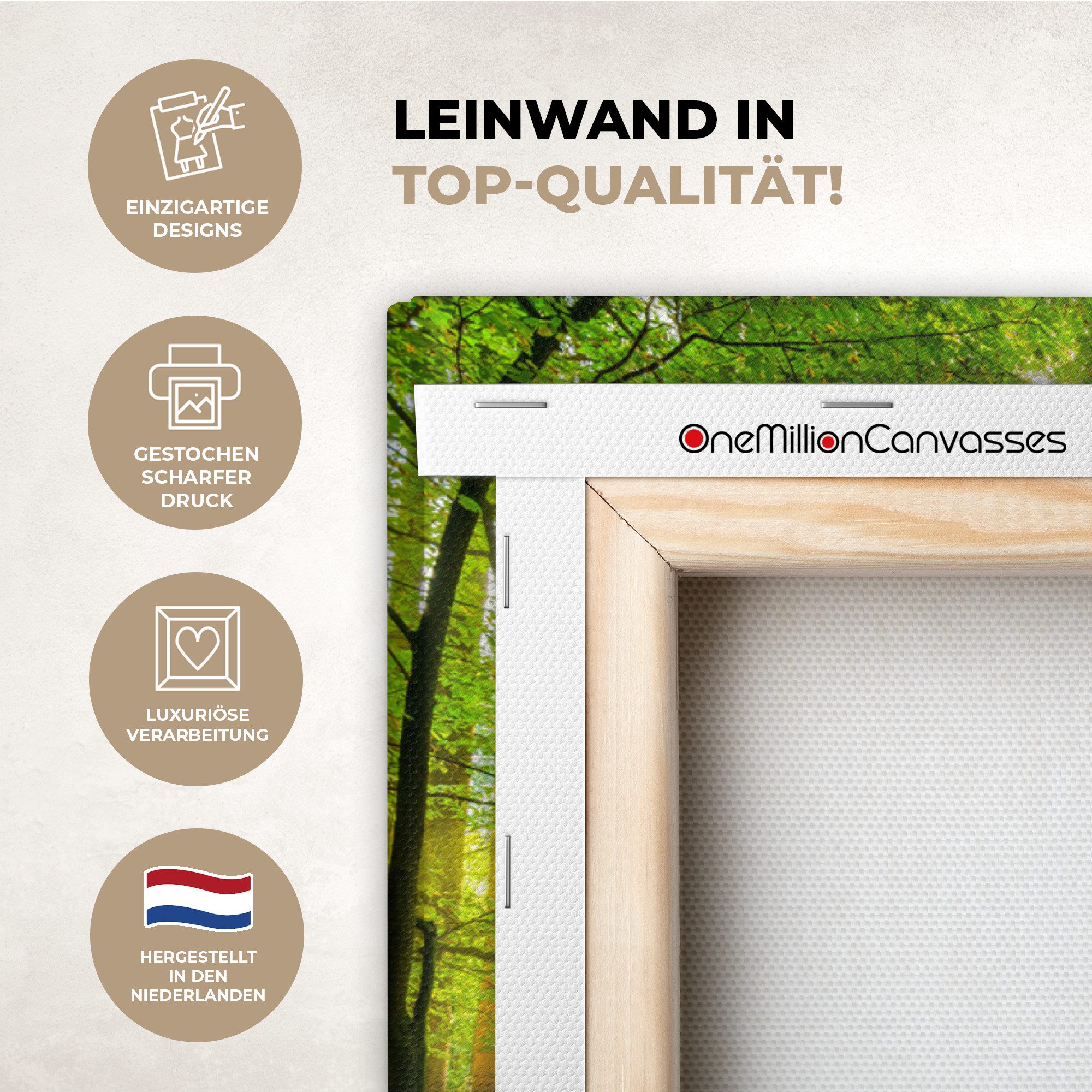 OneMillionCanvasses® Leinwandbild Wald - Landschaft - Wasser - Bäume - Sonne - Grün - Natur, Fotodruck (1 St), Leinwand Bilder für Wohnzimmer Schlafzimmer 80x60 cm