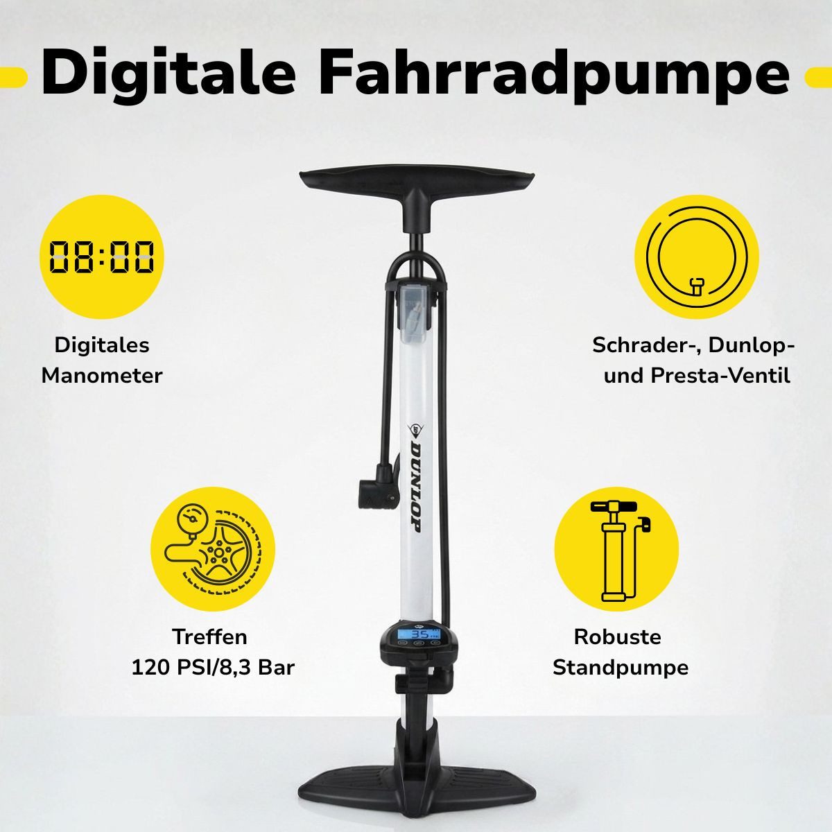 Dunlop Fahrradpumpe Dunlop Digitale Fahrradpumpe mit Digitalem Manometer