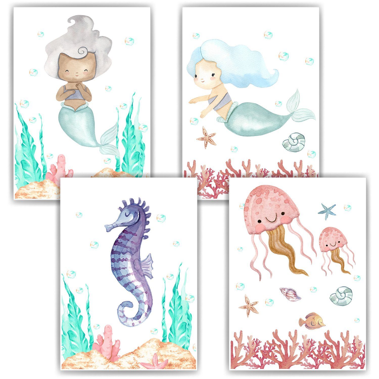 Tigerlino Poster Meerjungfrau Seepferdchen Koralle 4er Set Bilder Kinderzimmer Poster