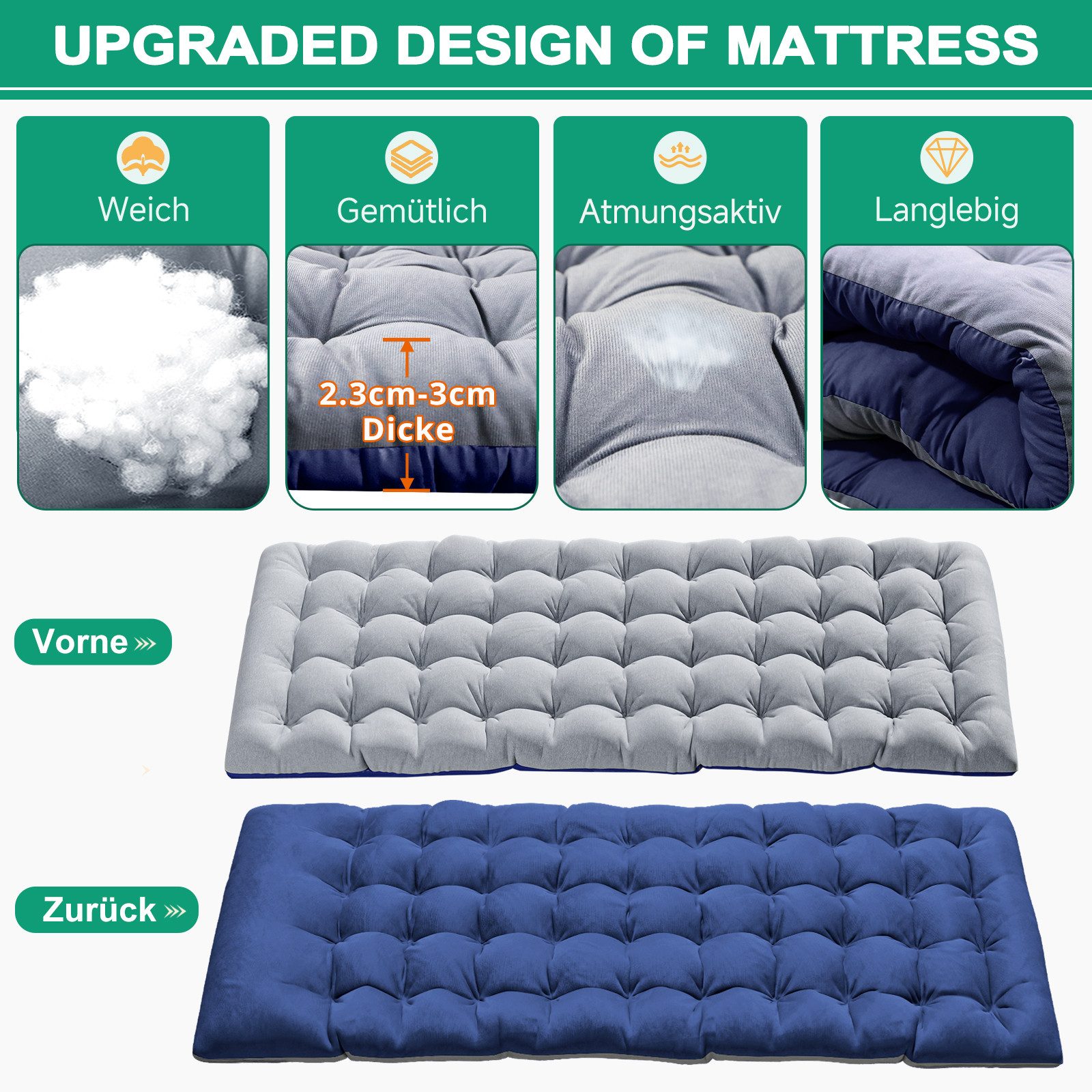 Meulbaty Klappbett Klappbar Feldbett, Stahlrahmen + Oxford-Stoff Liegefläche (2.3-3cm Matratze, 1-St) Leicht Relax Liege für Balkon, Garten, 190×71×36cm