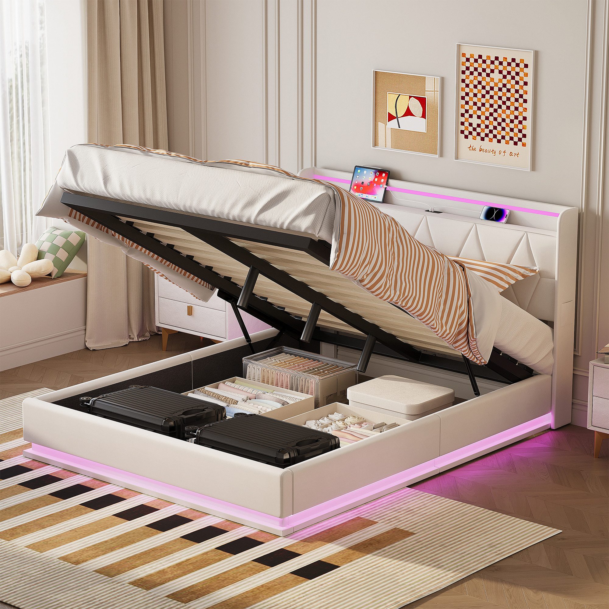 PXloue Polsterbett LED hydraulisches Doppelbett, Stauraumbett,mit Lattenros günstig online kaufen