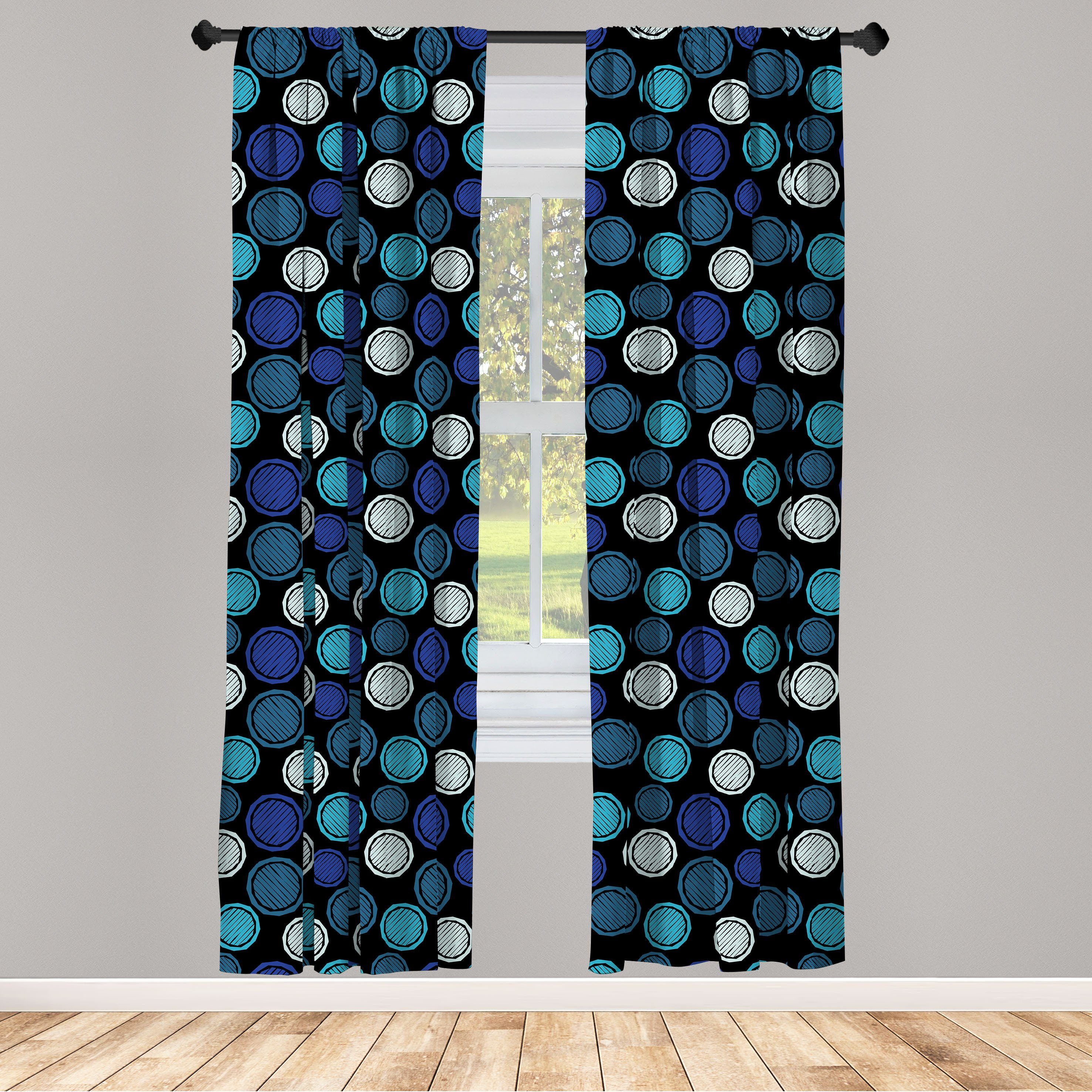 Gardine Vorhang für Wohnzimmer Schlafzimmer Dekor, Abakuhaus, Microfaser, Abstrakt Schraffierte Runden blauen Tönen